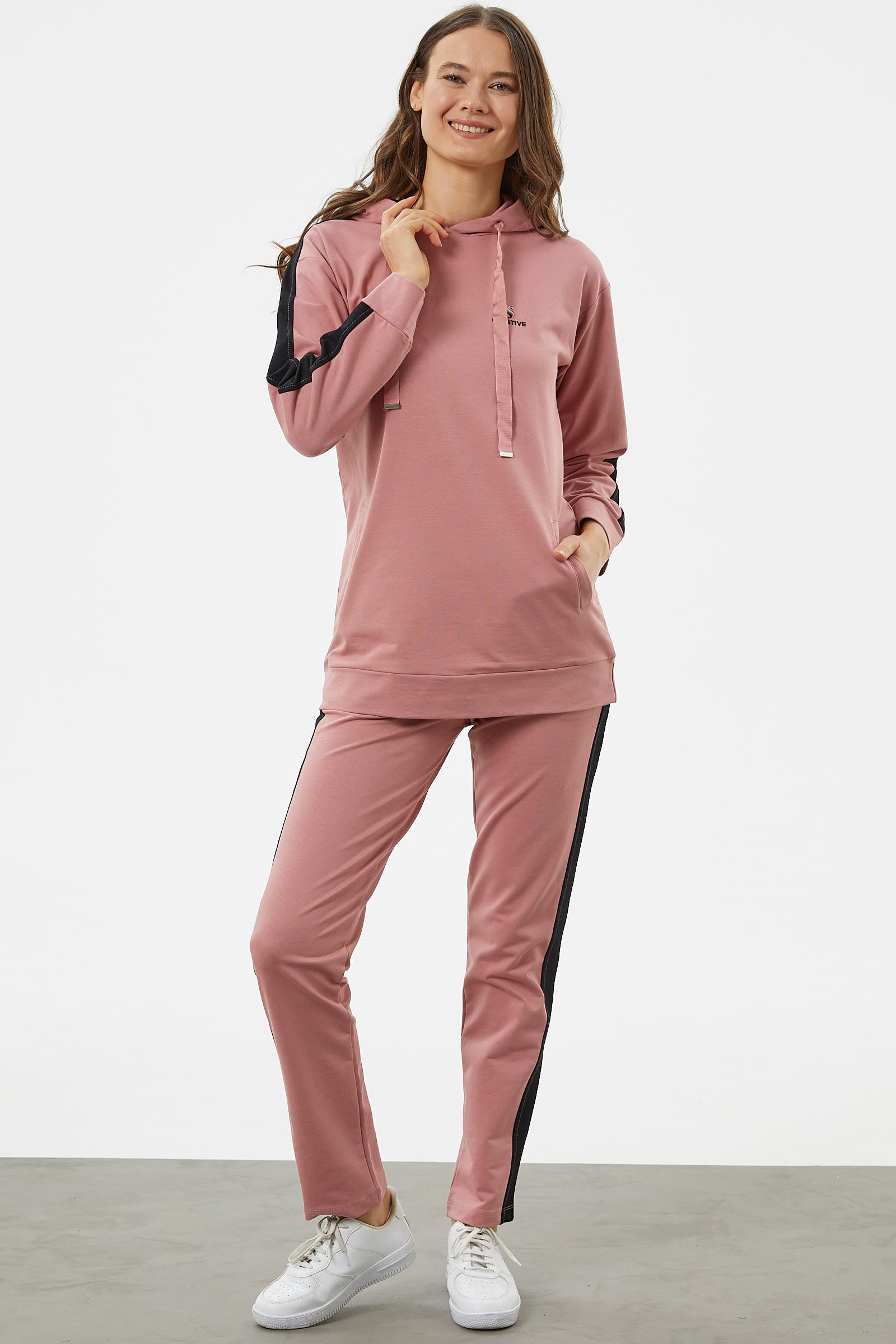 Çift Renk Kapüşonlu Eşofman Takım - Gül (4) Sementa