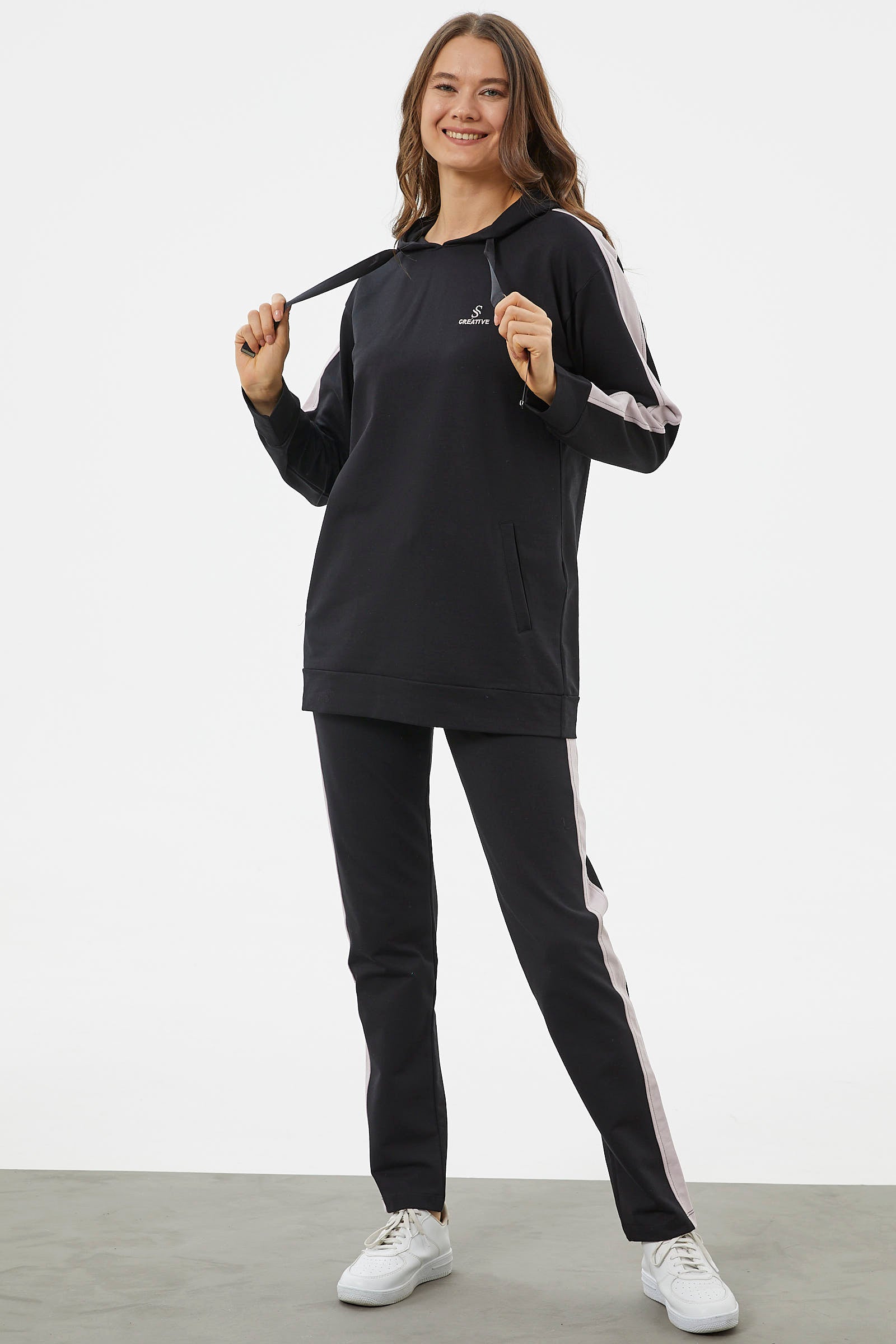 Çift Renk Kapüşonlu Eşofman Takım - Siyah (2) Sementa