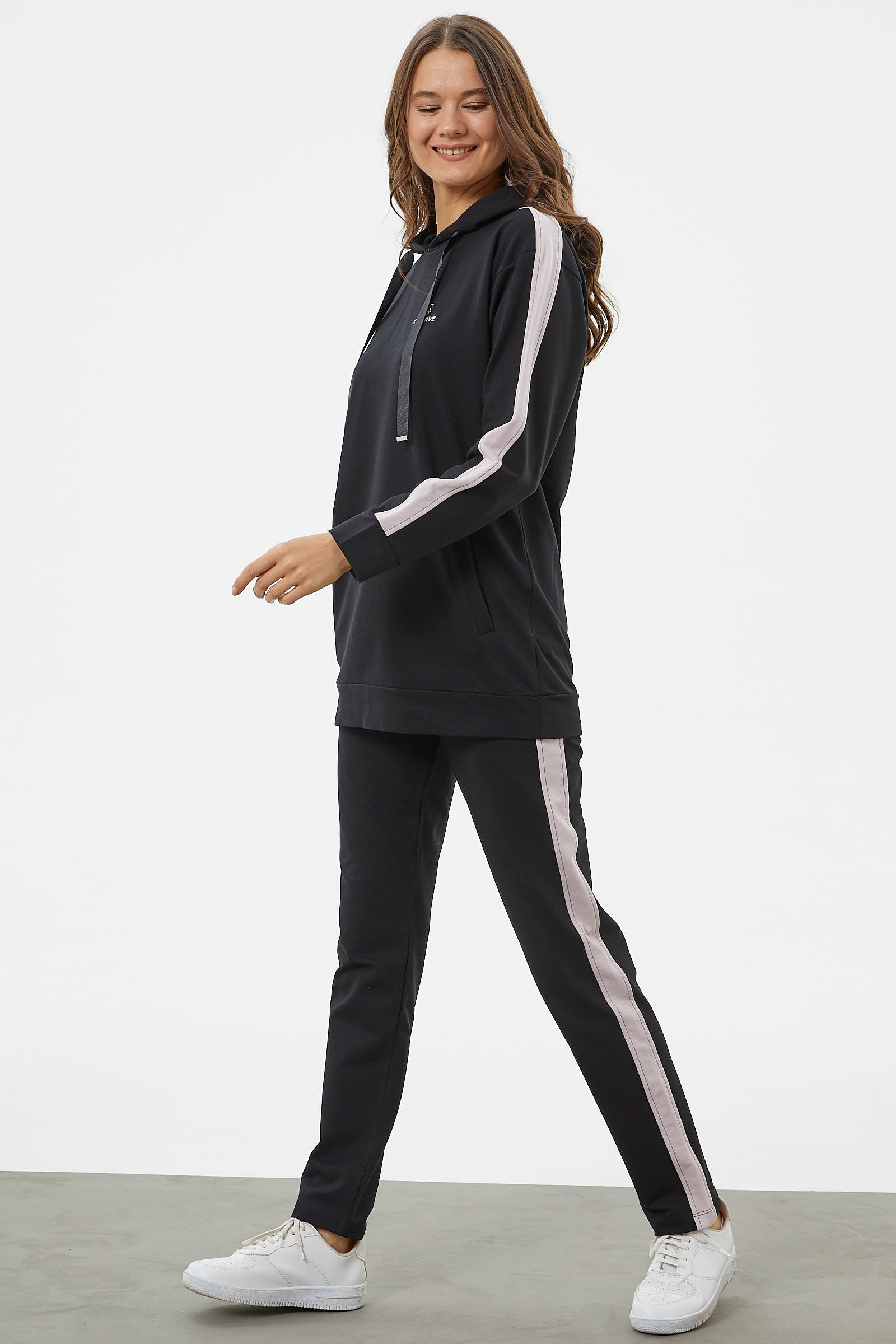 Çift Renk Kapüşonlu Eşofman Takım - Siyah (4) Sementa