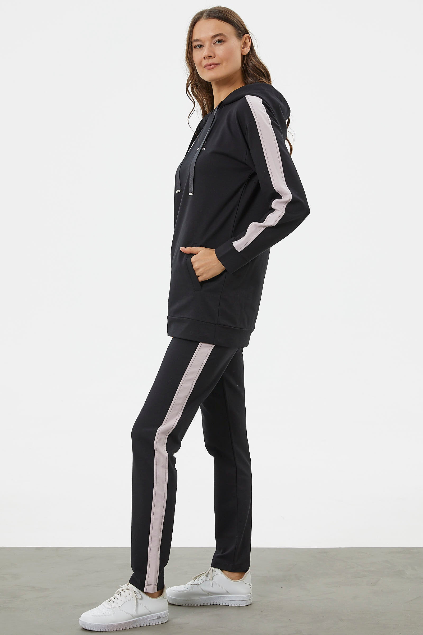 Çift Renk Kapüşonlu Eşofman Takım - Siyah (5) Sementa