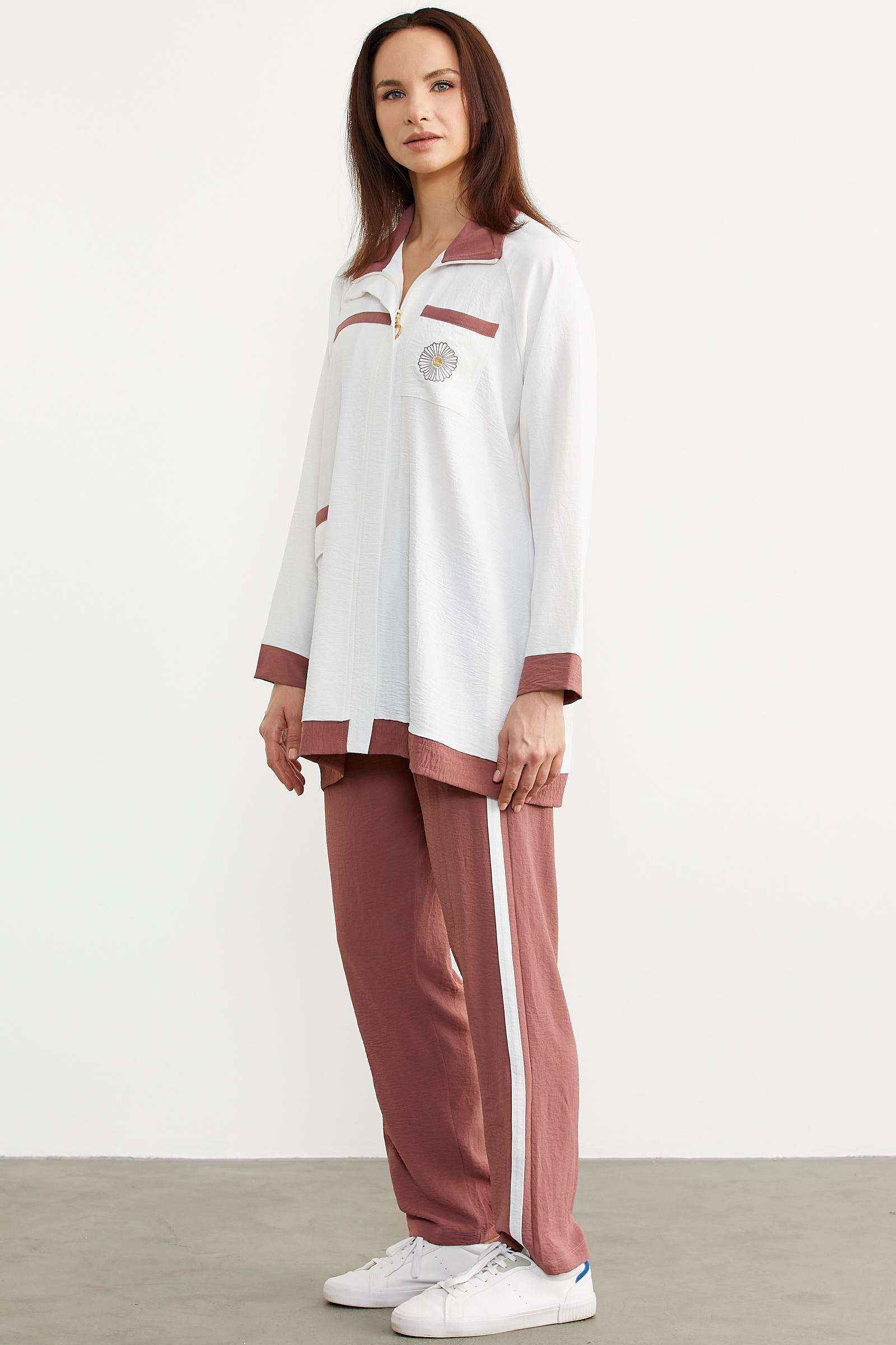 Çift Renk Kombinli Tunik Krep Takım - Gül (3) Sementa