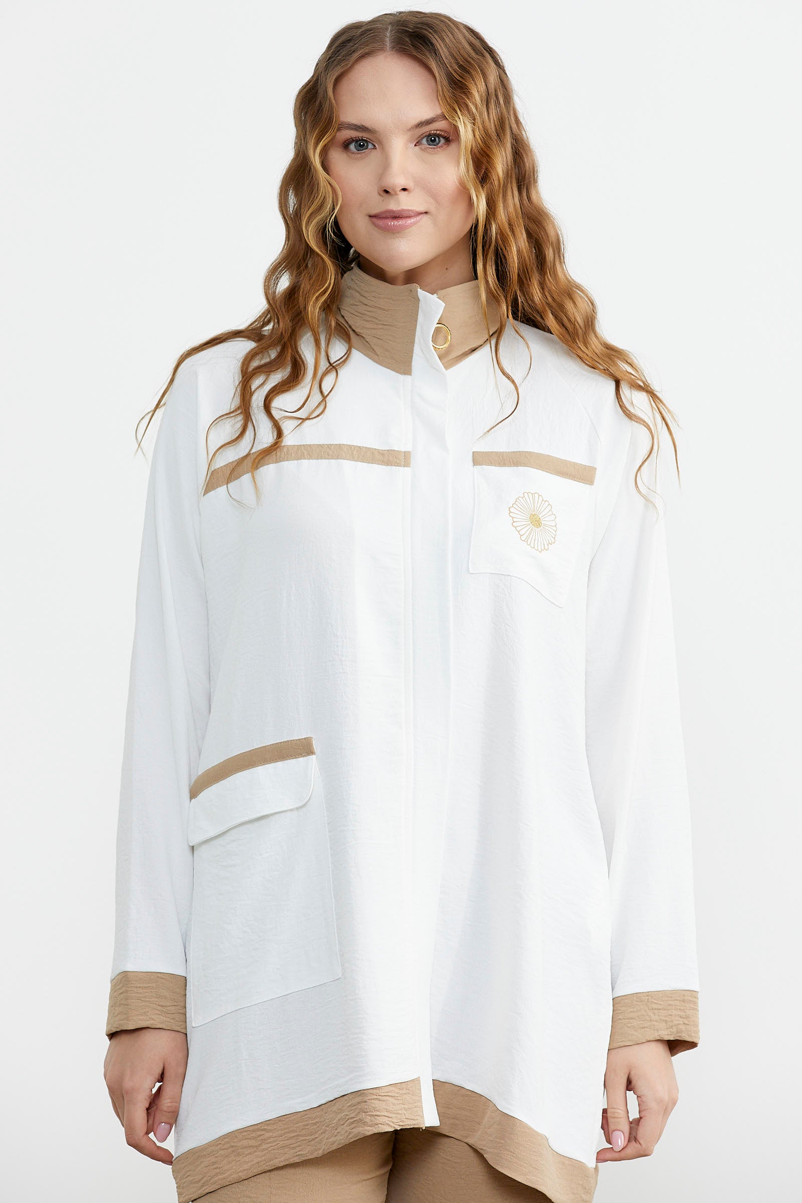 Çift Renk Kombinli Tunik Krep Takım - Taş (2) Sementa