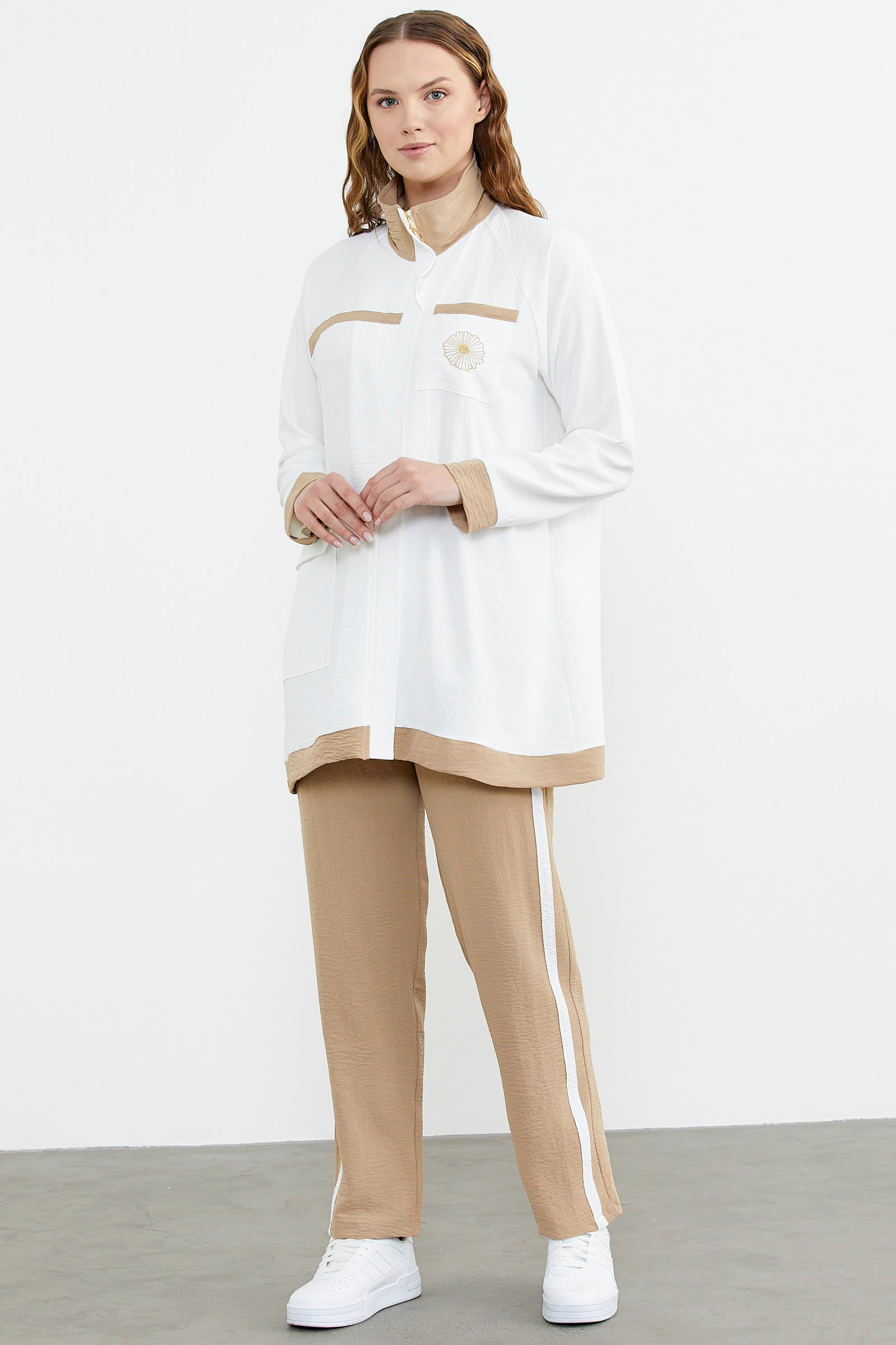 Çift Renk Kombinli Tunik Krep Takım - Taş (3) Sementa