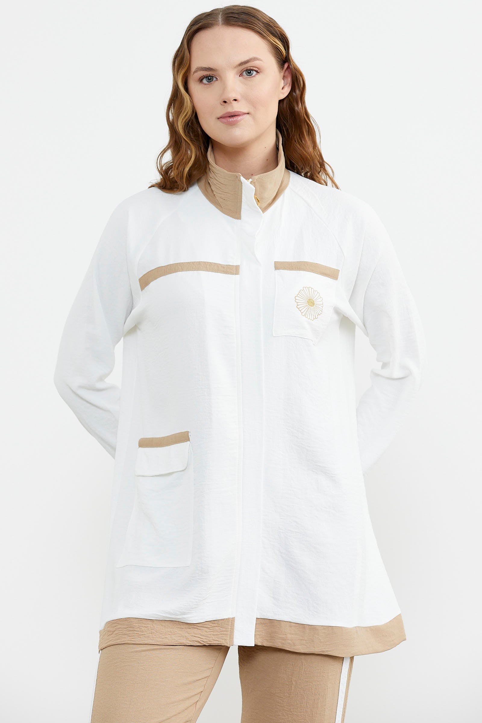 Çift Renk Kombinli Tunik Krep Takım - Taş (4) Sementa