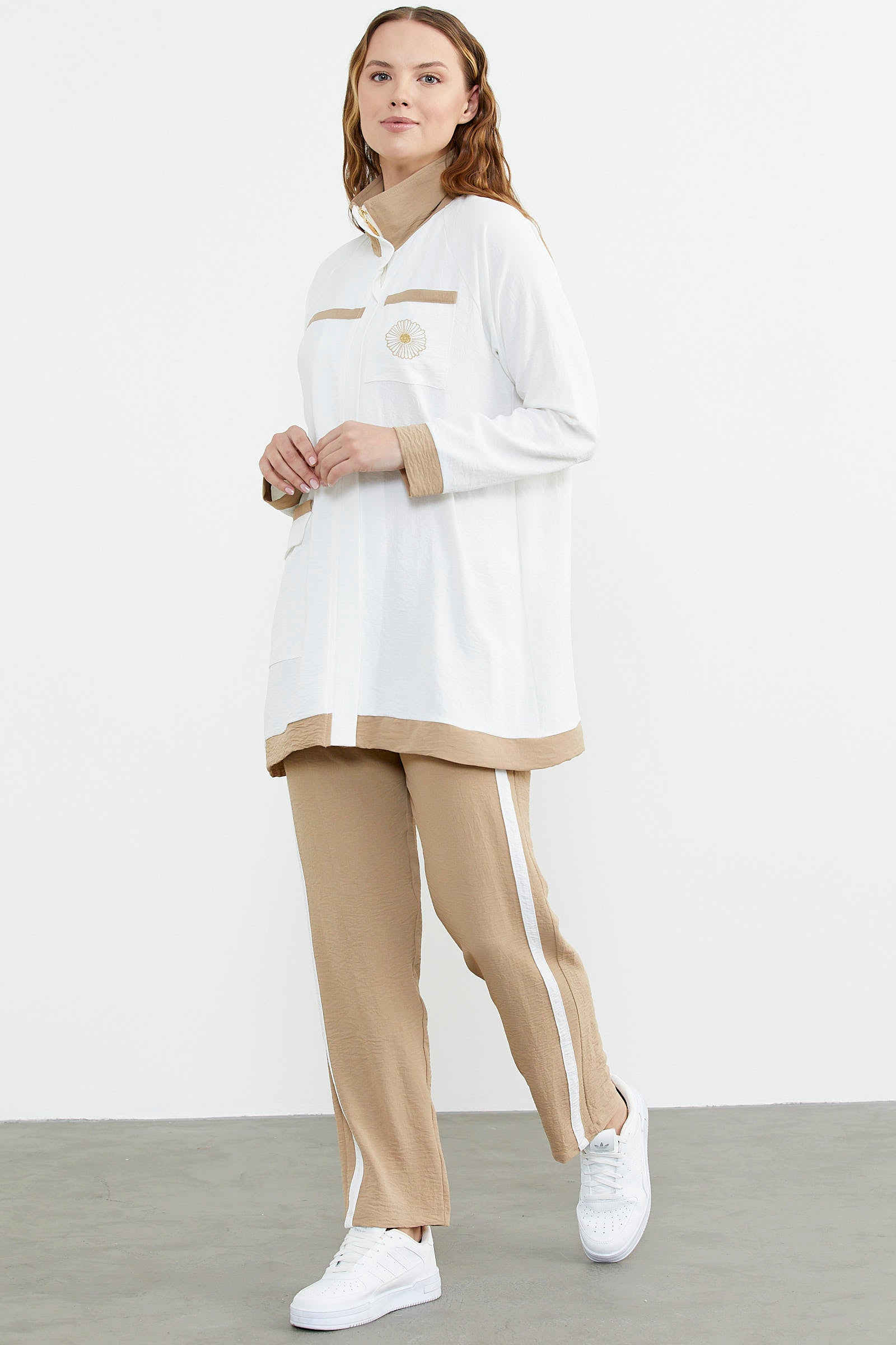 Çift Renk Kombinli Tunik Krep Takım - Taş (5) Sementa