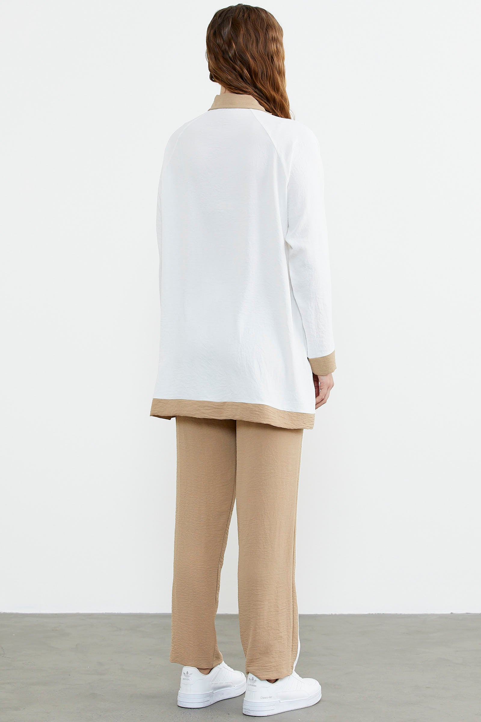 Çift Renk Kombinli Tunik Krep Takım - Taş (6) Sementa