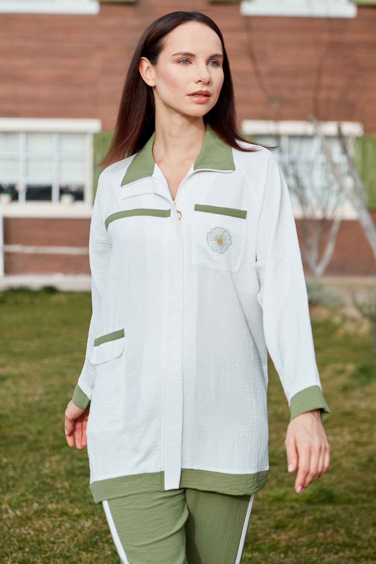 Çift Renk Kombinli Tunik Krep Takım - Yeşil (2) Sementa