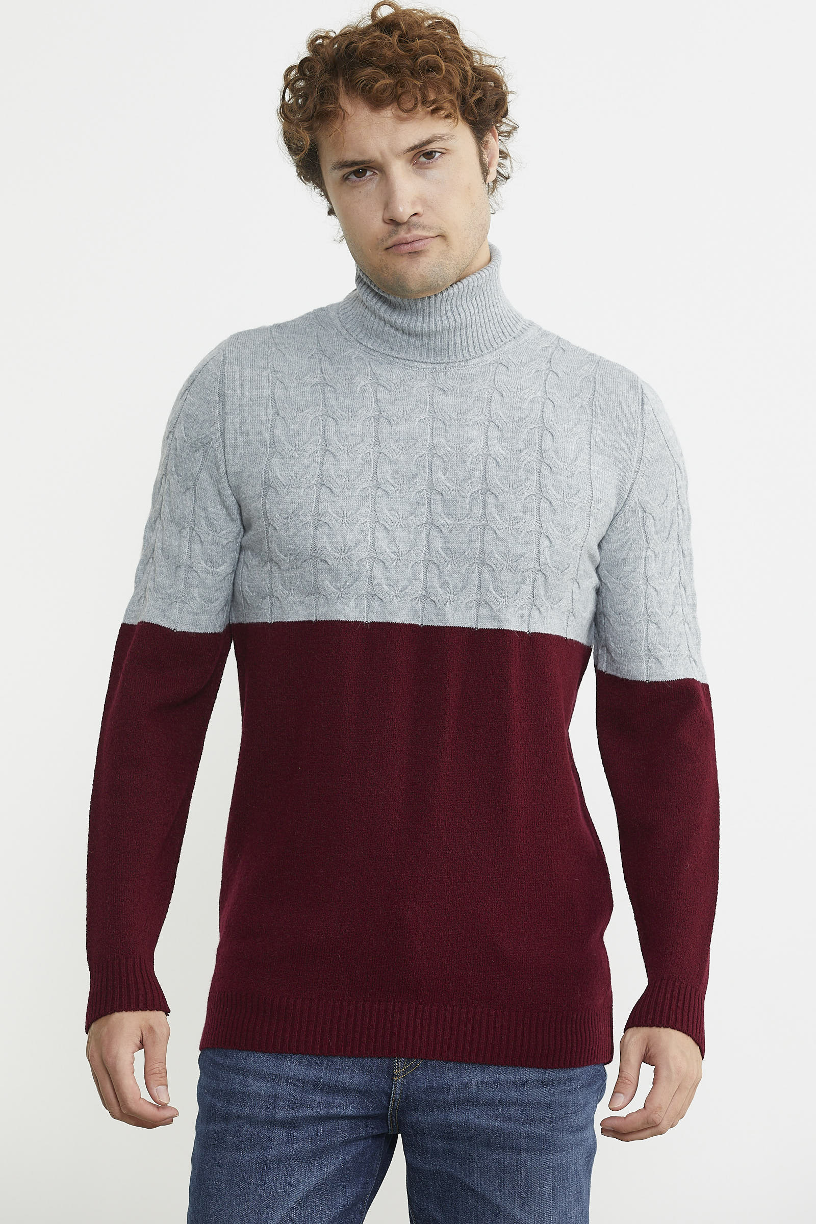 Çift Renk Tam Balıkçı Triko Kazak - Bordo - Sementa