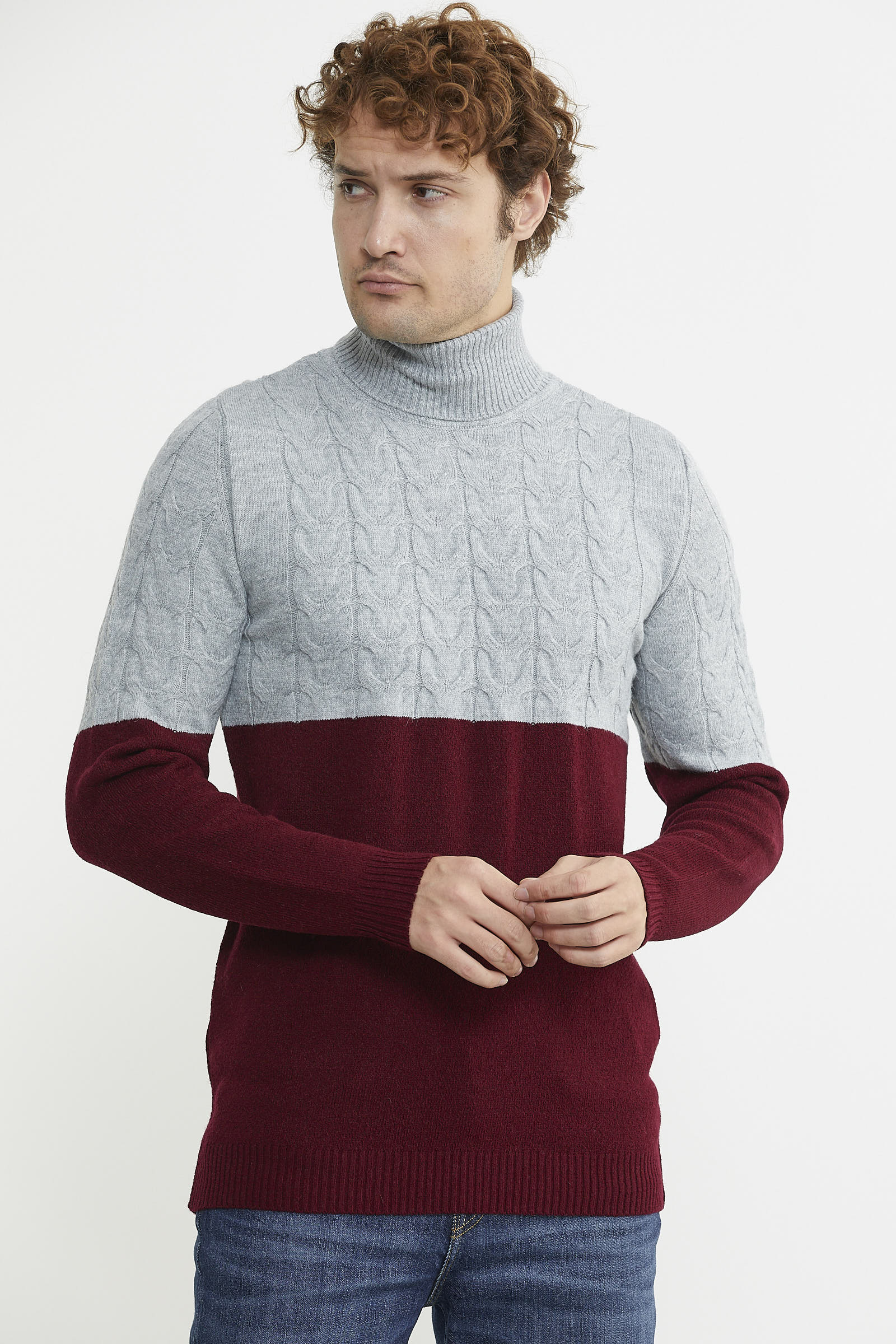 Çift Renk Tam Balıkçı Triko Kazak - Bordo - Sementa