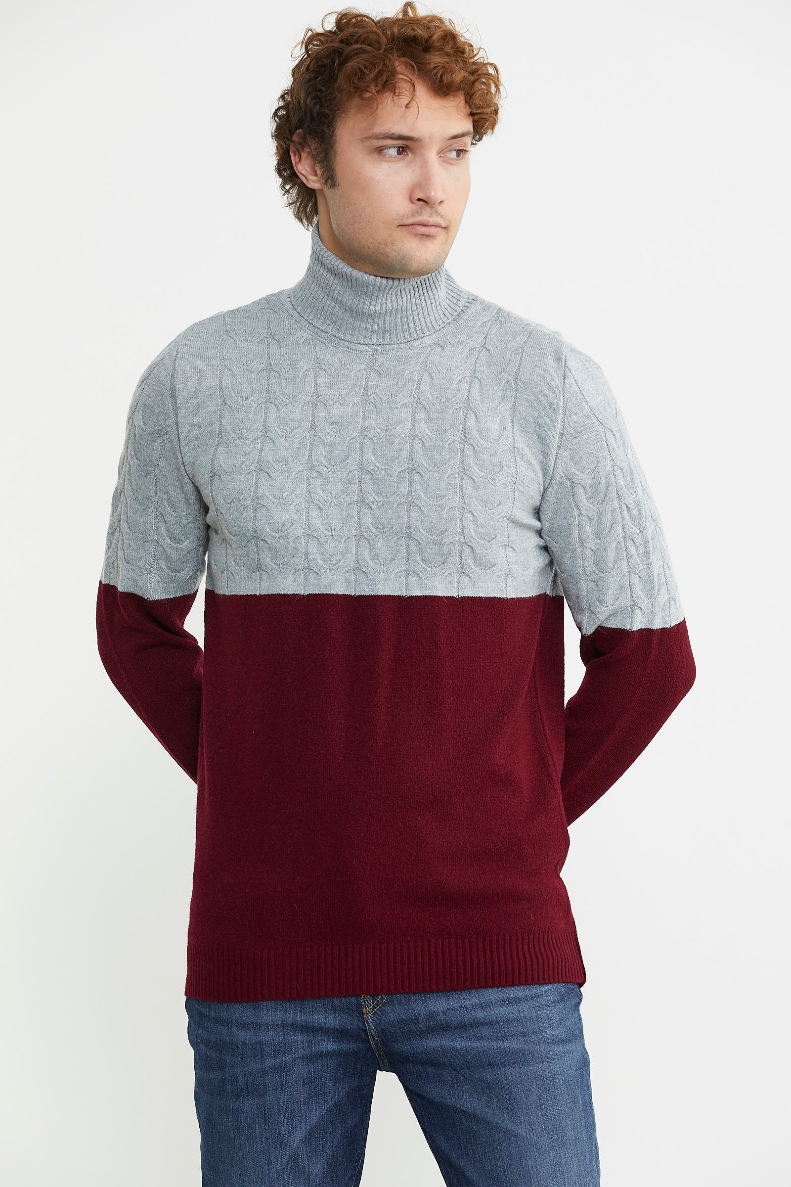 Çift Renk Tam Balıkçı Triko Kazak - Bordo - Sementa