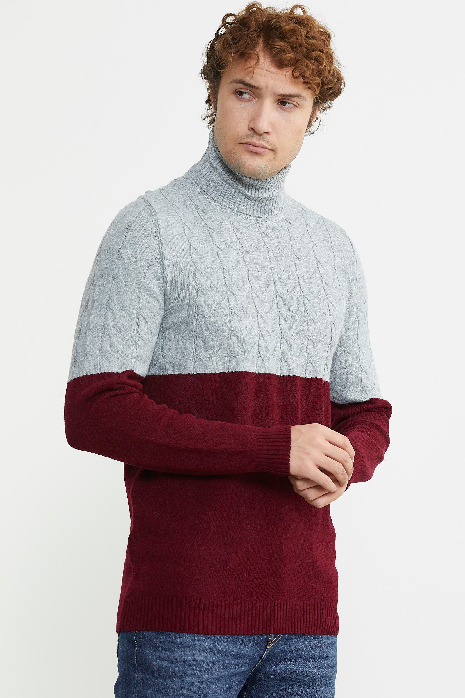 Çift Renk Tam Balıkçı Triko Kazak - Bordo - Sementa