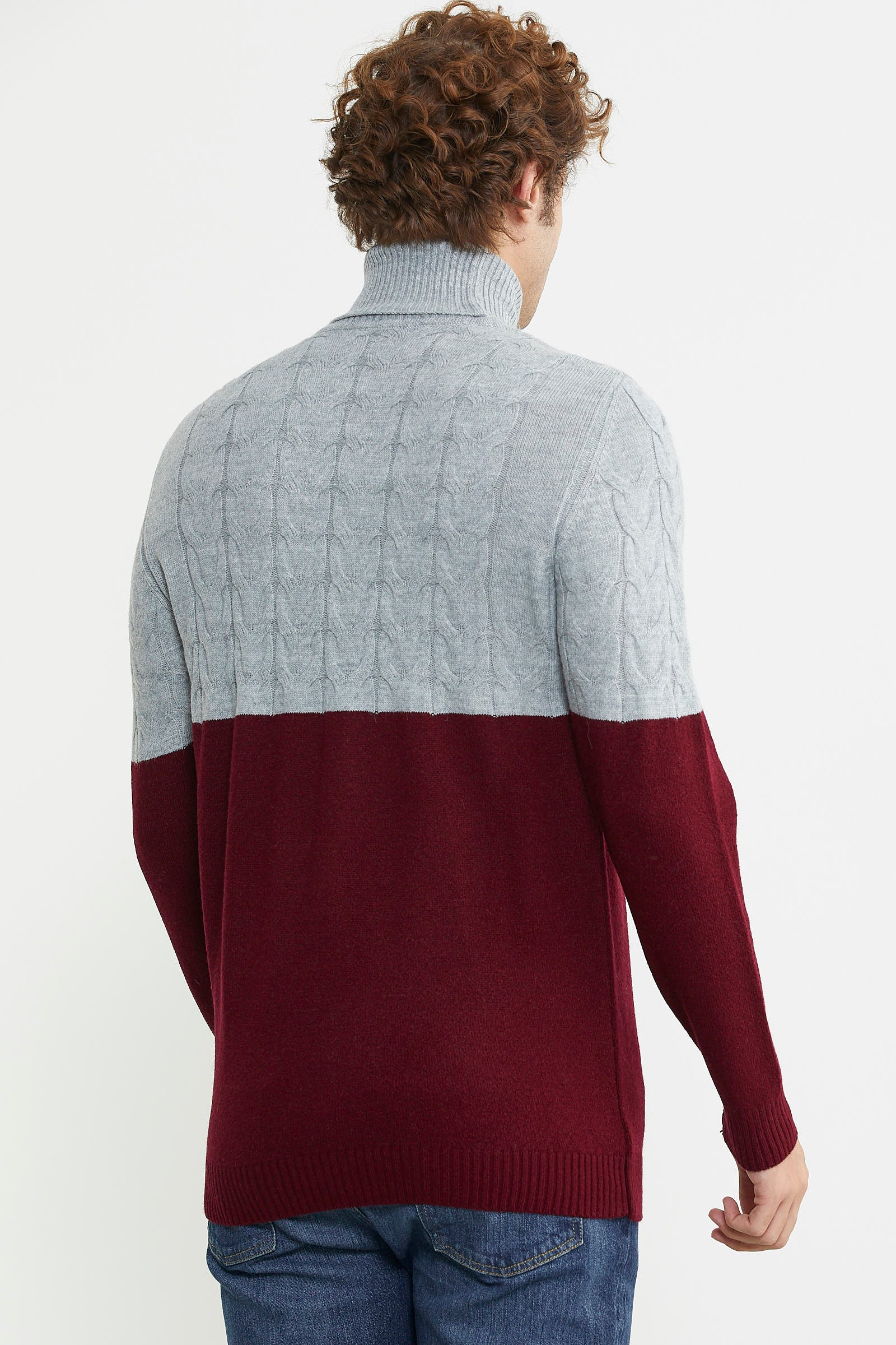 Çift Renk Tam Balıkçı Triko Kazak - Bordo - Sementa