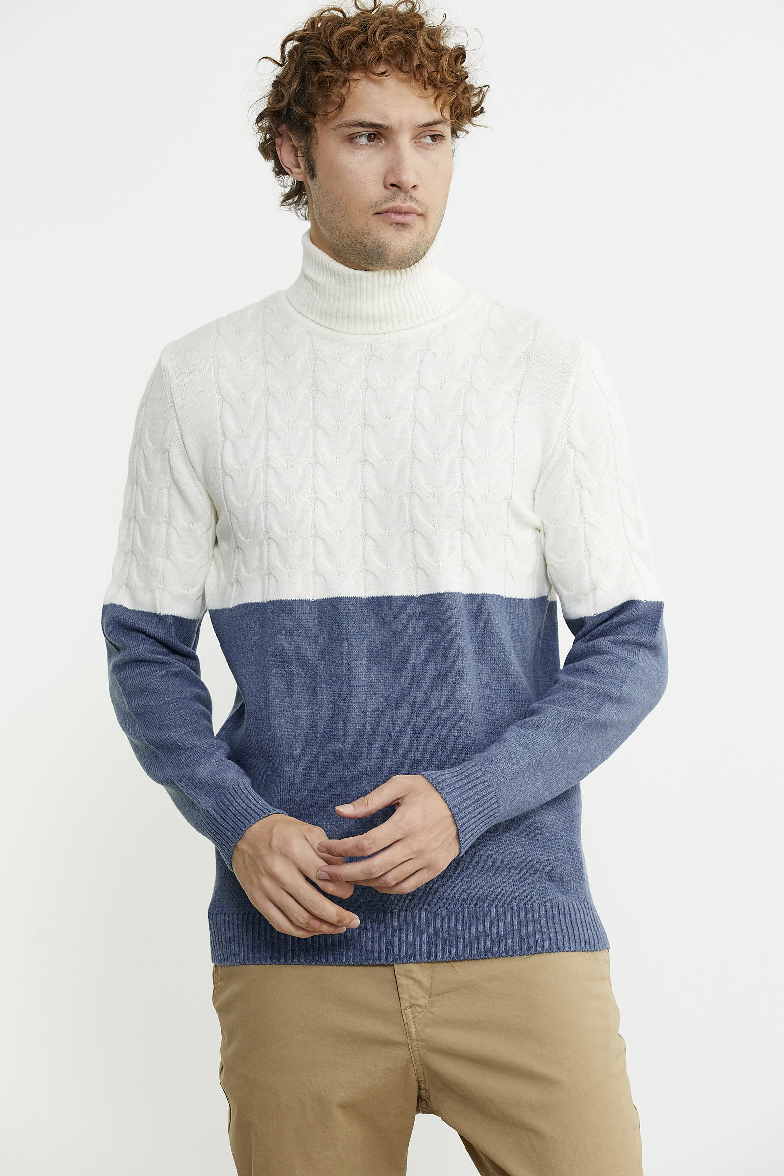 Çift Renk Tam Balıkçı Triko Kazak - Indigo - Sementa