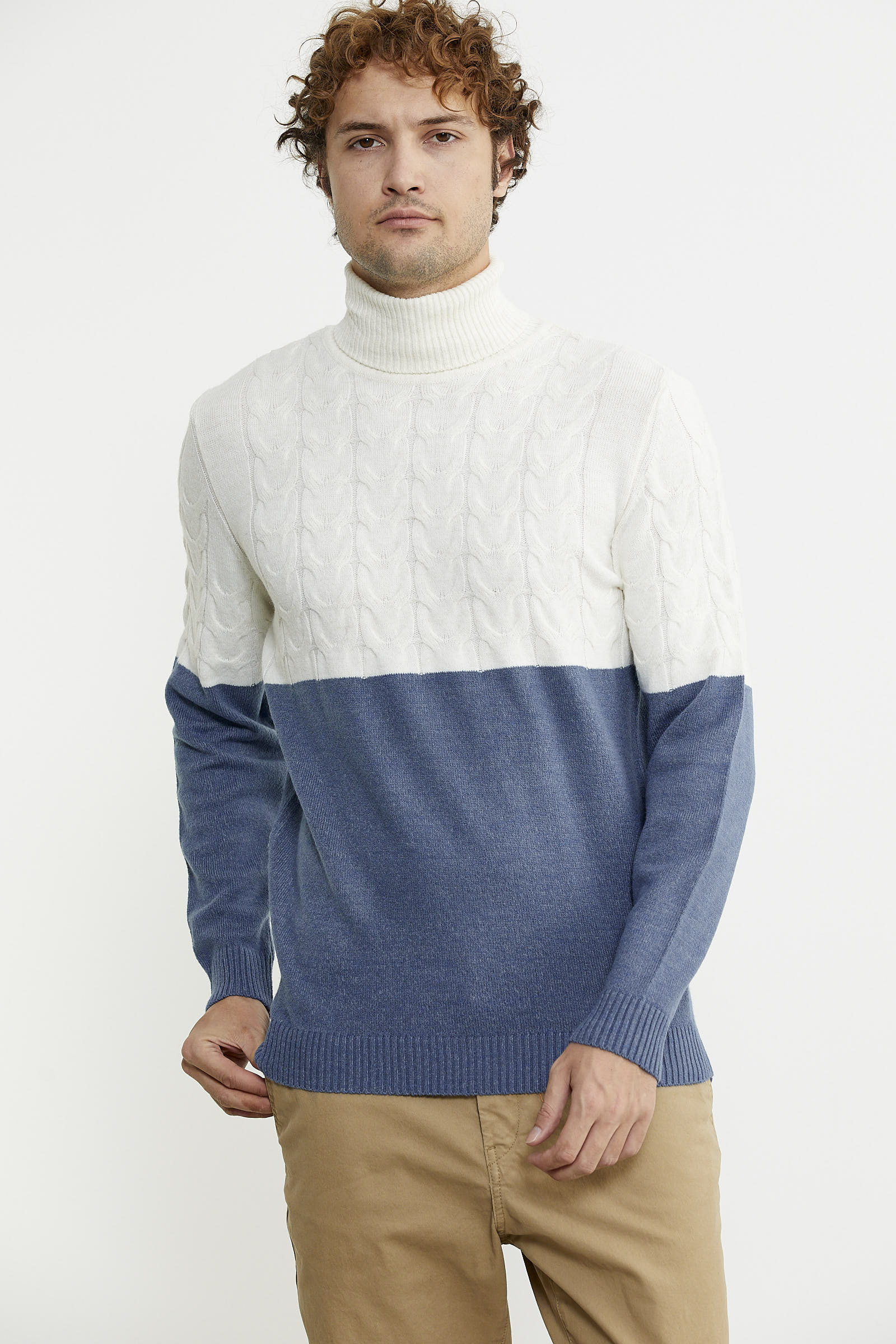 Çift Renk Tam Balıkçı Triko Kazak - Indigo - Sementa