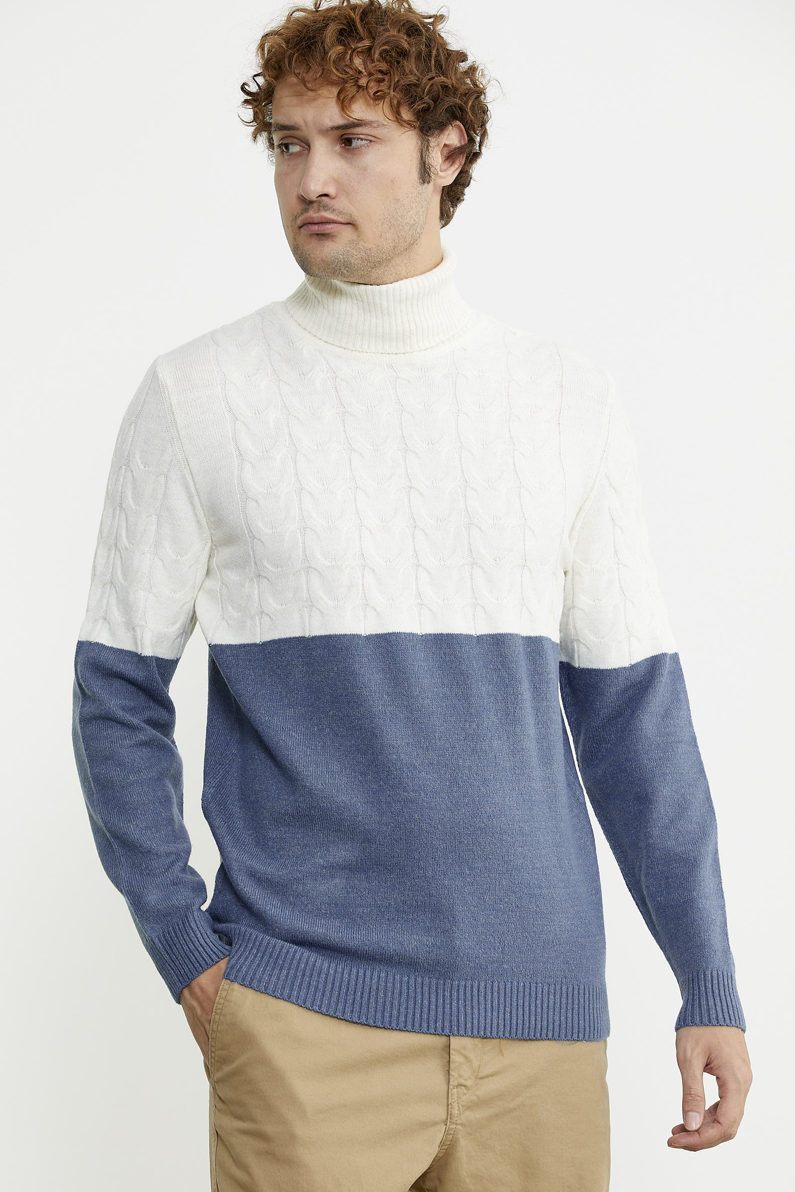 Çift Renk Tam Balıkçı Triko Kazak - Indigo - Sementa