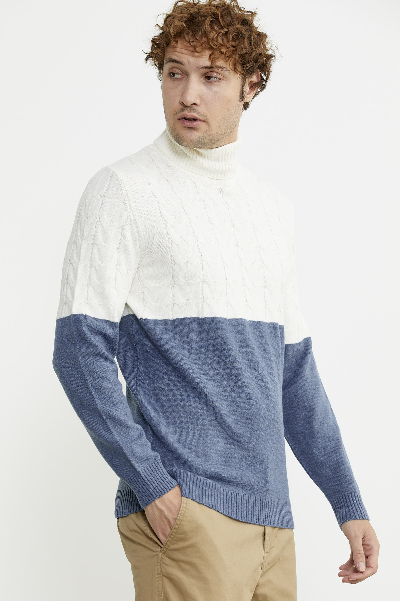 Çift Renk Tam Balıkçı Triko Kazak - Indigo - Sementa