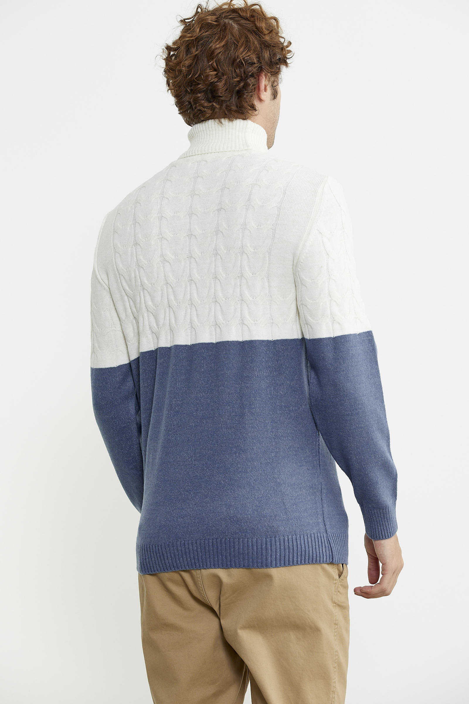 Çift Renk Tam Balıkçı Triko Kazak - Indigo - Sementa