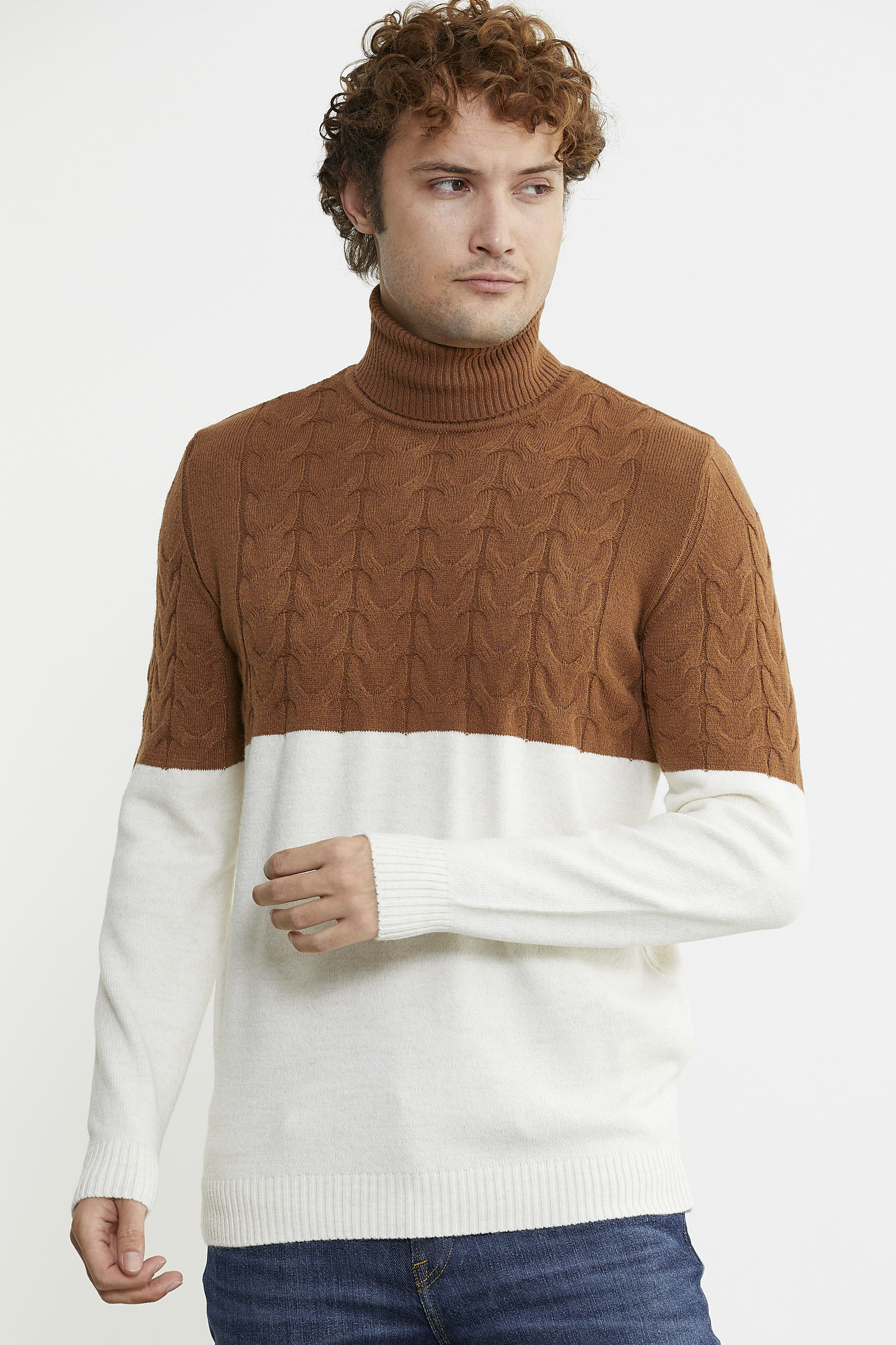 Çift Renk Tam Balıkçı Triko Kazak - Kemik - Sementa