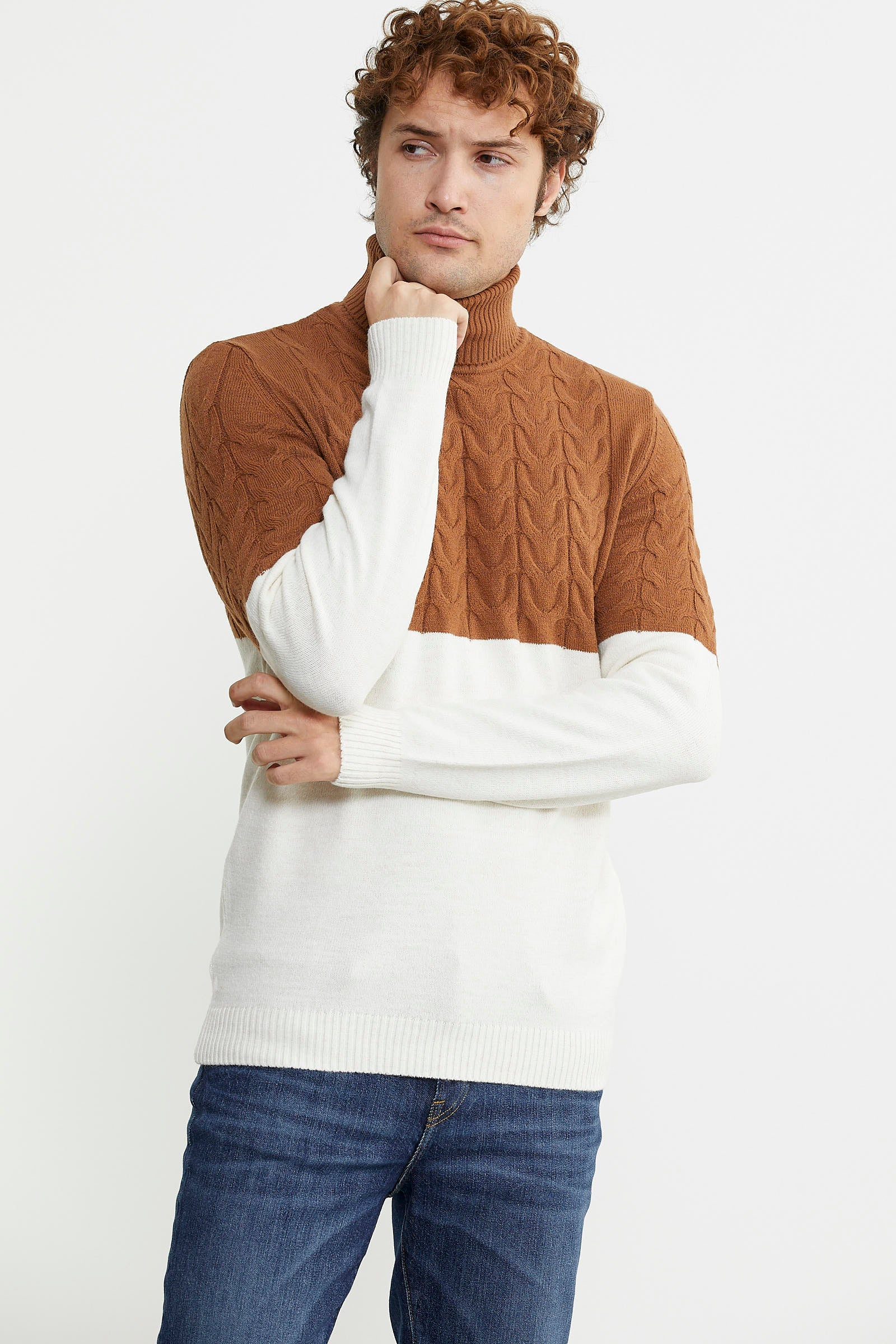 Çift Renk Tam Balıkçı Triko Kazak - Kemik - Sementa