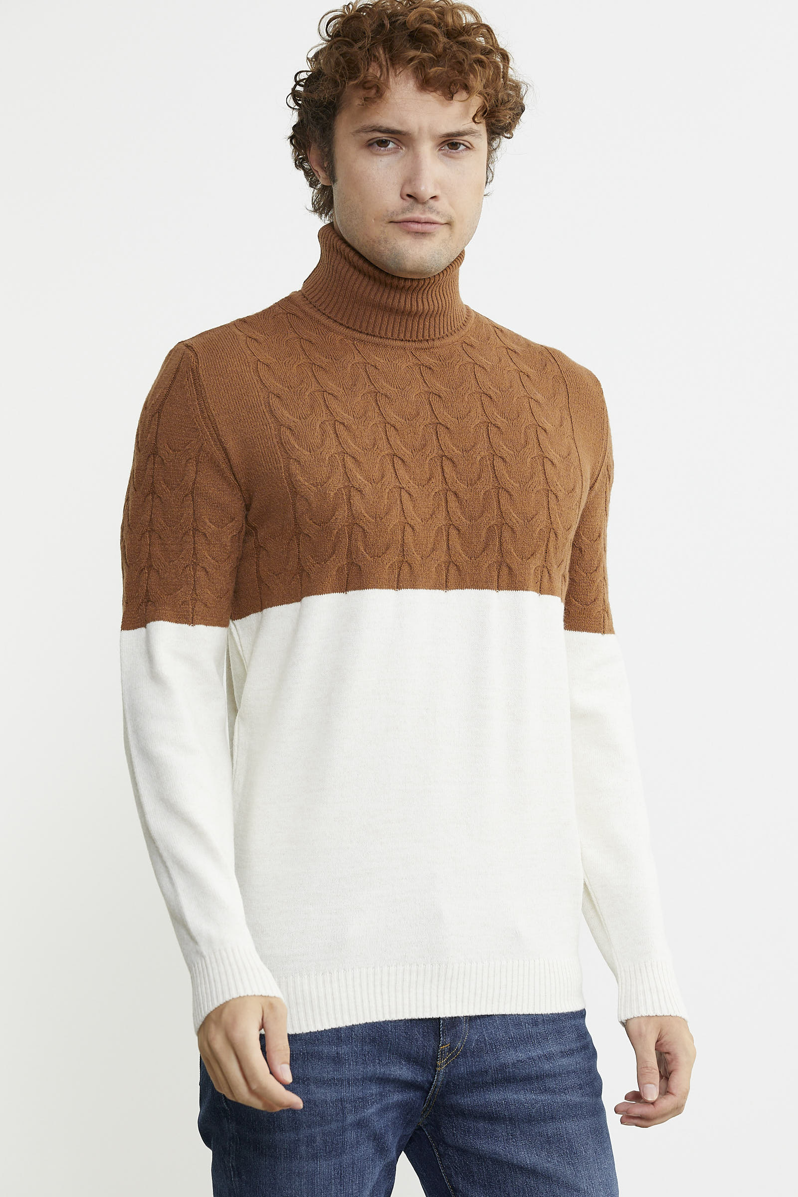 Çift Renk Tam Balıkçı Triko Kazak - Kemik - Sementa