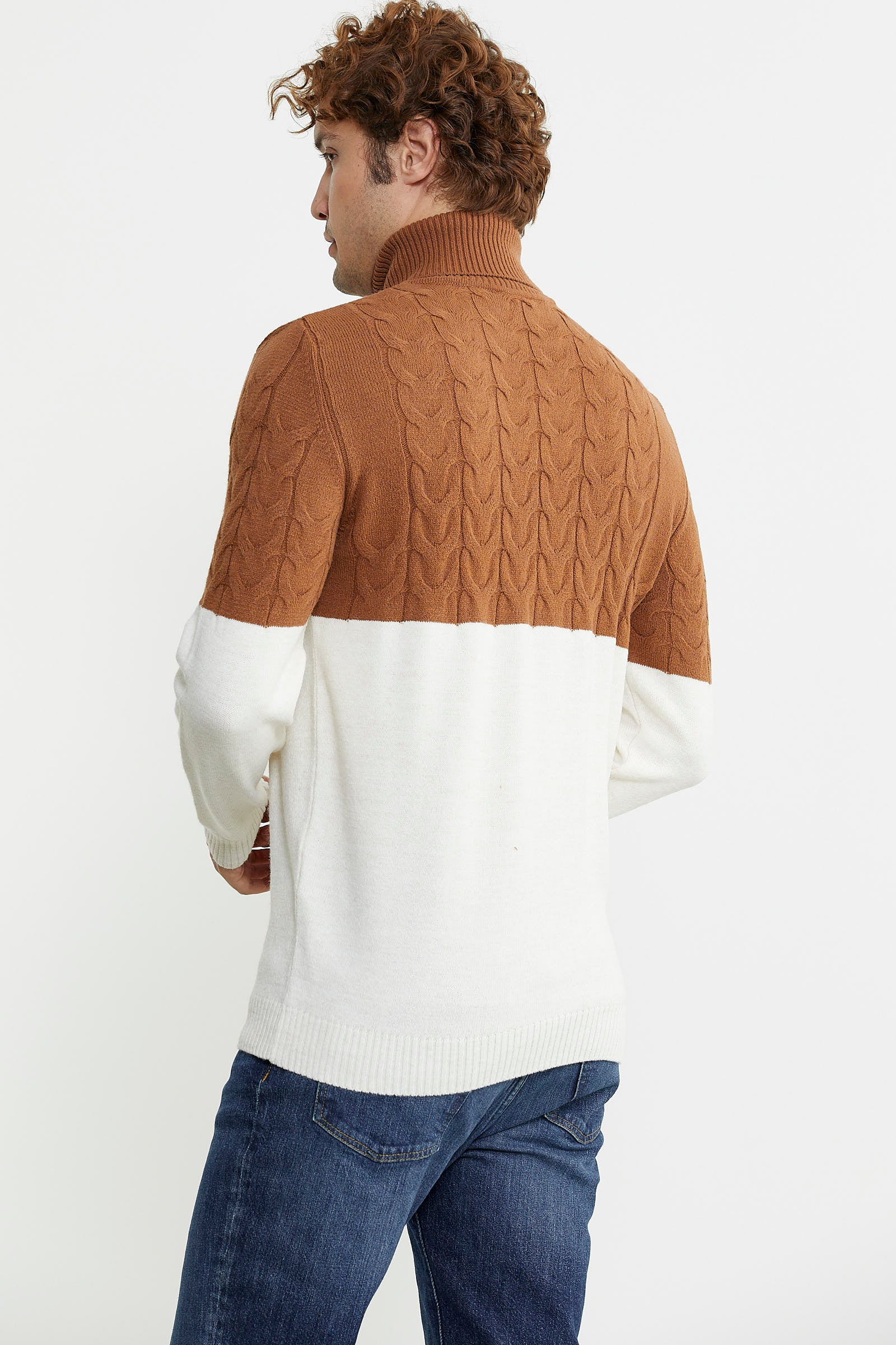 Çift Renk Tam Balıkçı Triko Kazak - Kemik - Sementa