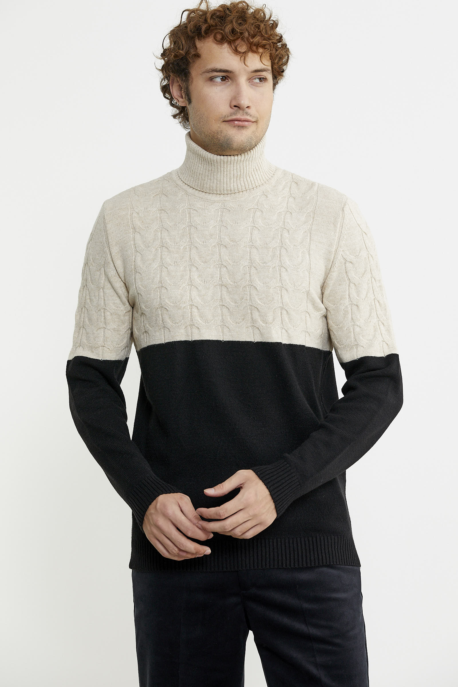 Çift Renk Tam Balıkçı Triko Kazak - Siyah - Sementa