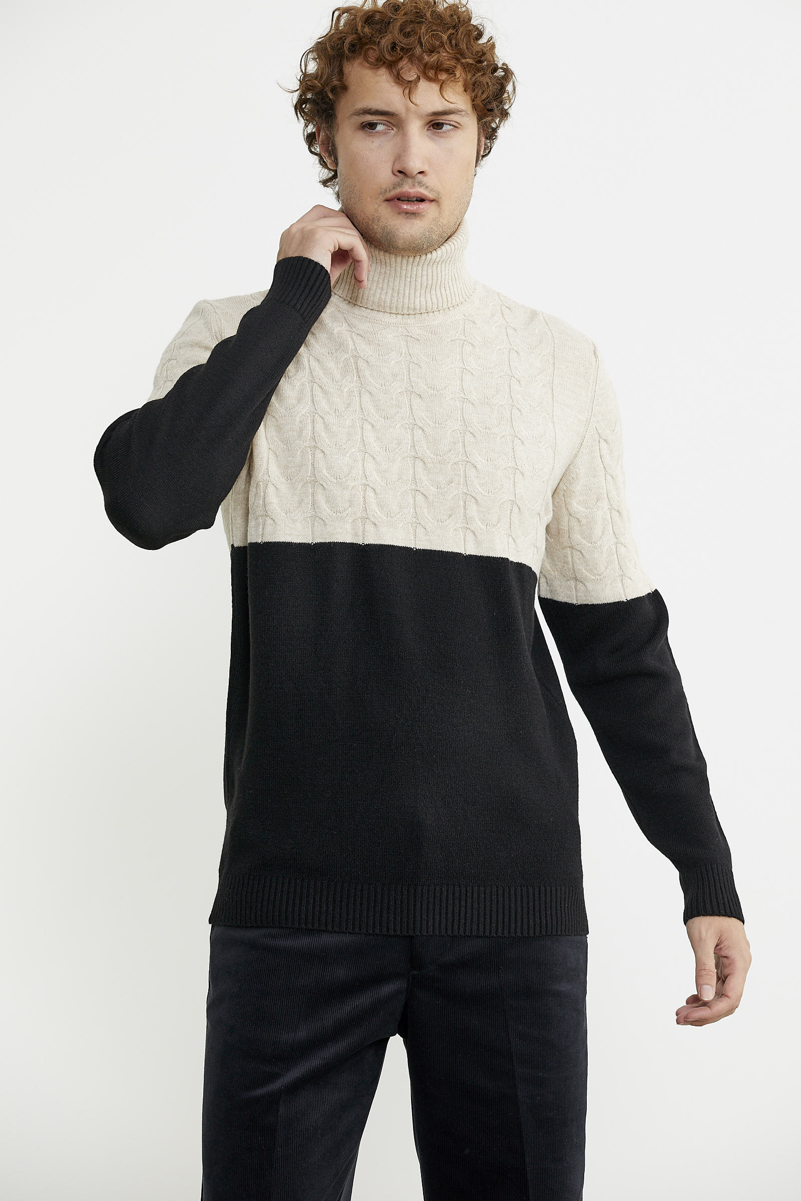 Çift Renk Tam Balıkçı Triko Kazak - Siyah - Sementa