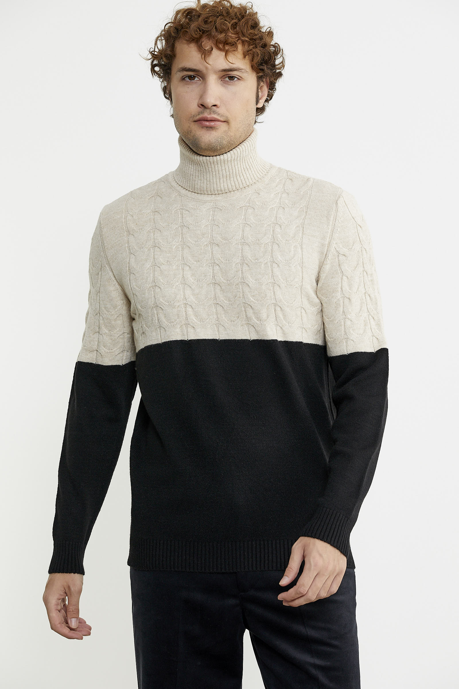 Çift Renk Tam Balıkçı Triko Kazak - Siyah - Sementa