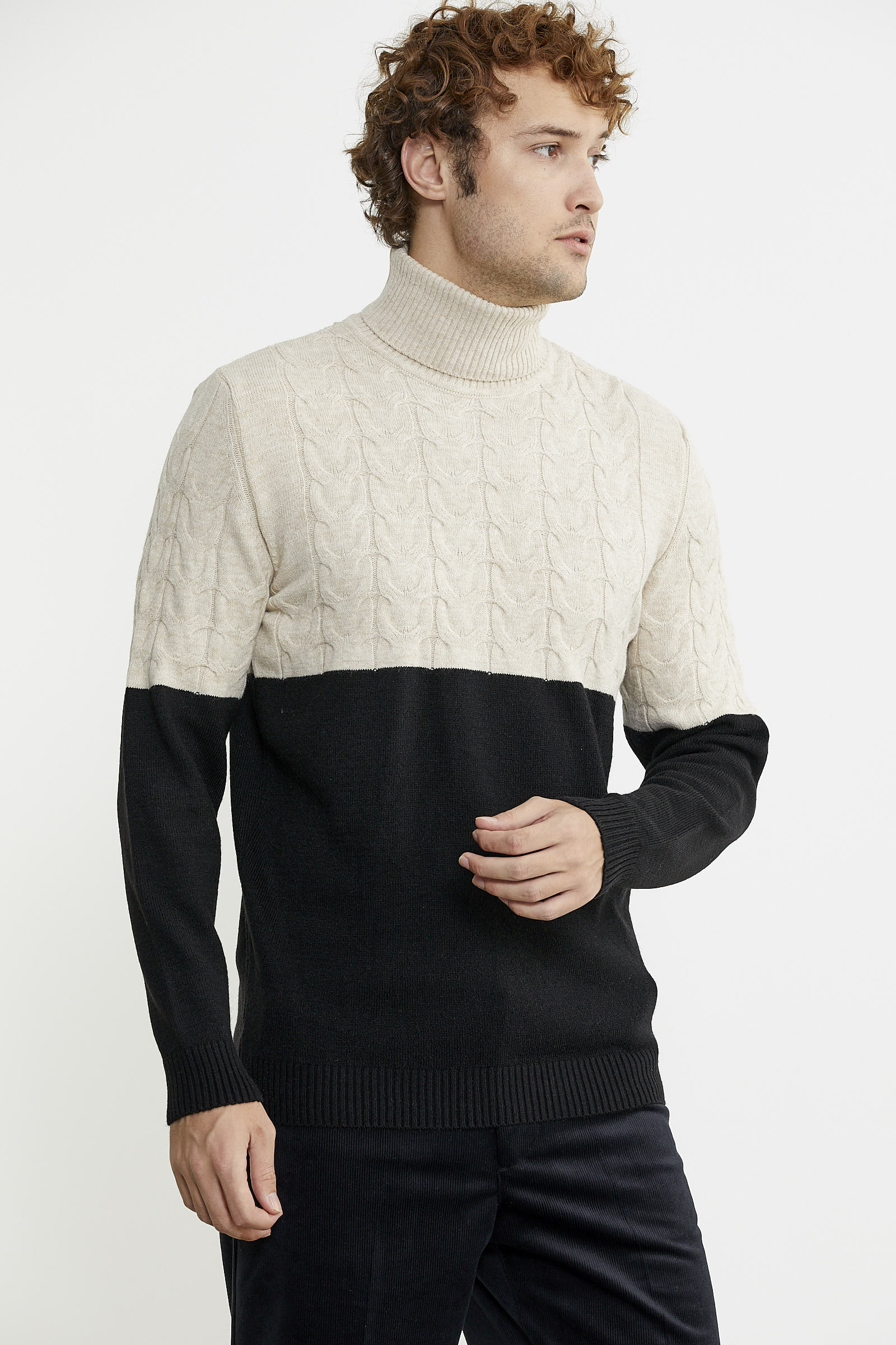 Çift Renk Tam Balıkçı Triko Kazak - Siyah - Sementa