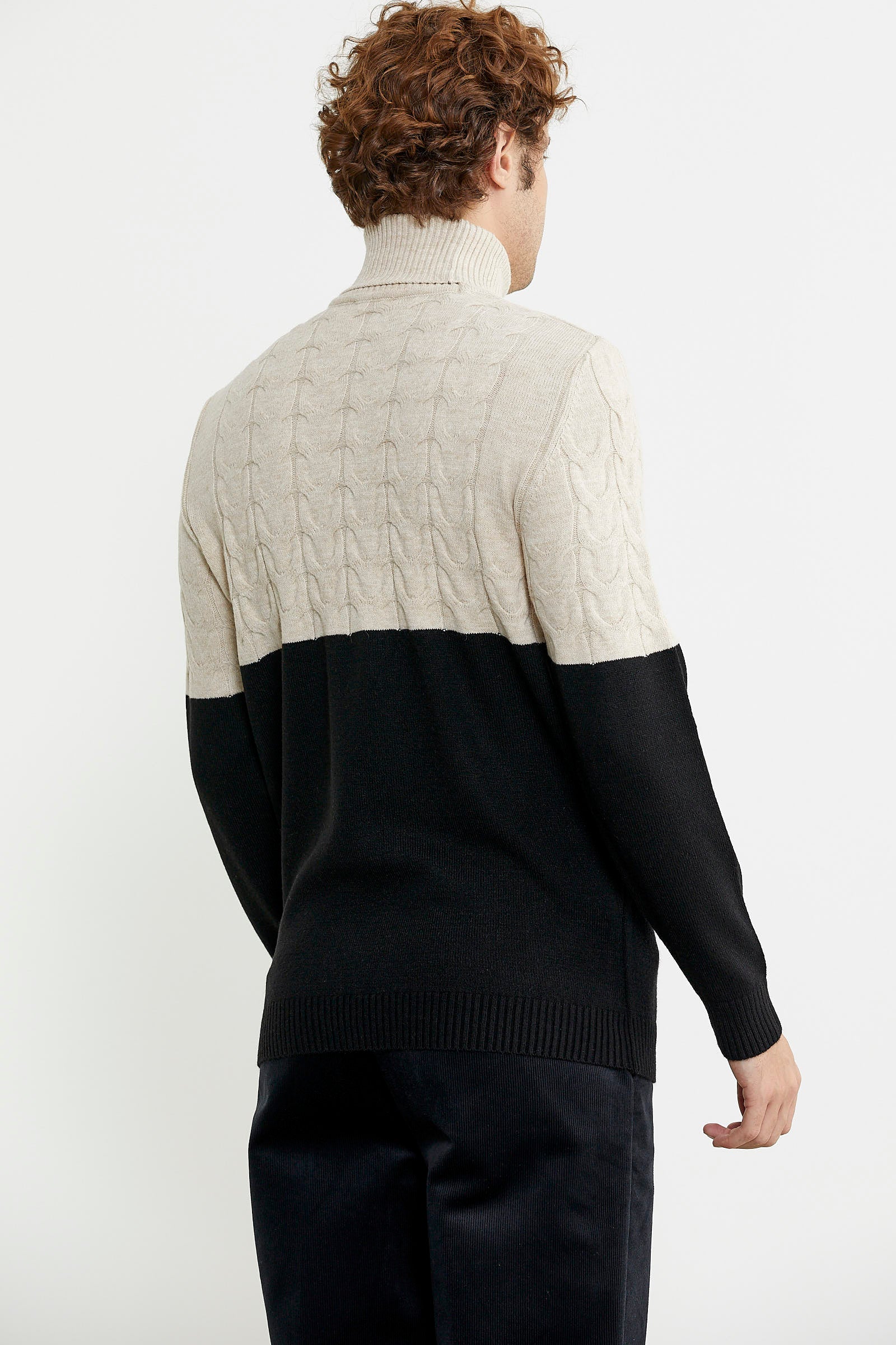 Çift Renk Tam Balıkçı Triko Kazak - Siyah - Sementa