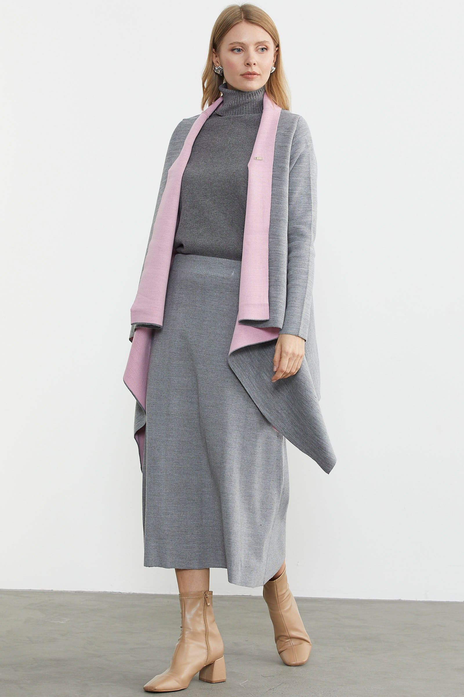 Çift Renk Uzun Triko Panço - Gri - Pembe (3) Sementa