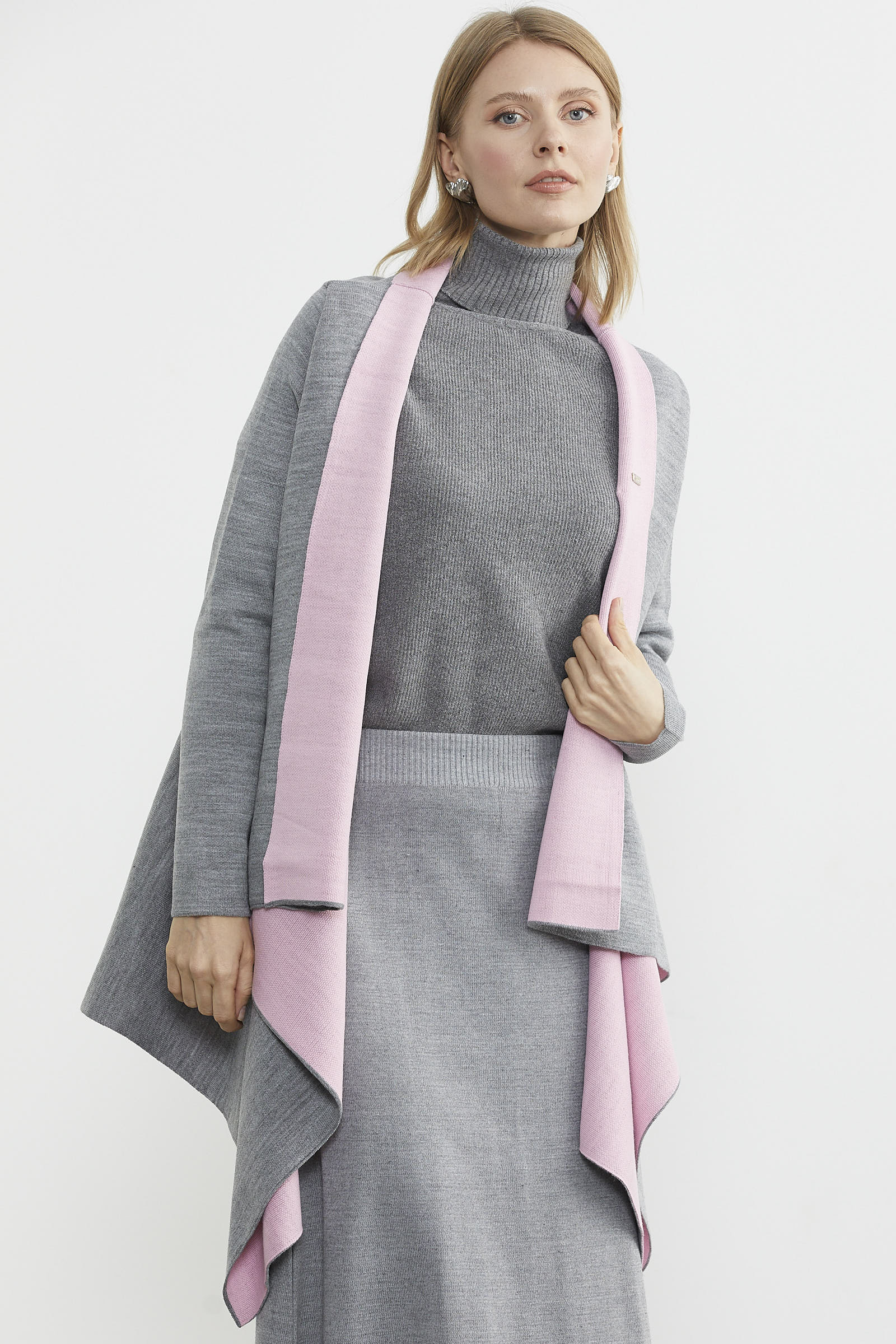 Çift Renk Uzun Triko Panço - Gri - Pembe (2) Sementa