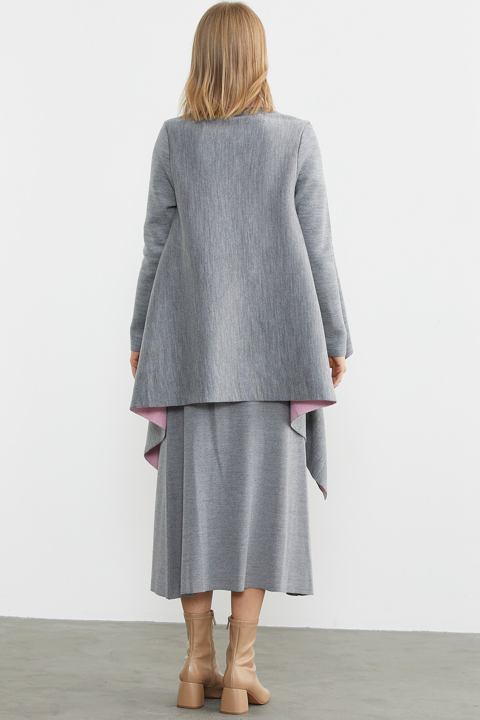 Çift Renk Uzun Triko Panço - Gri - Pembe (7) Sementa