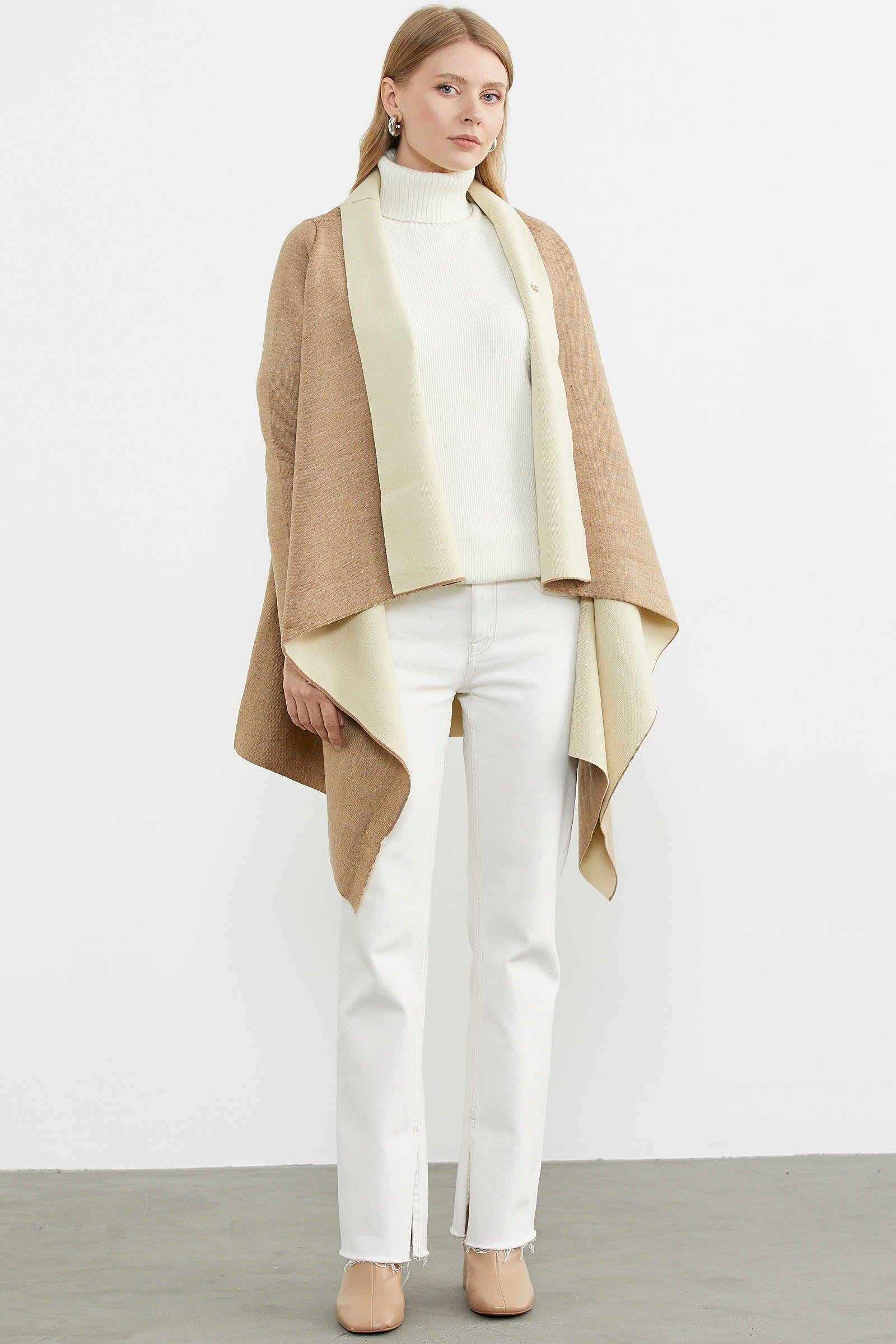 Çift Renk Uzun Triko Panço - Kum - Krem (1) Sementa