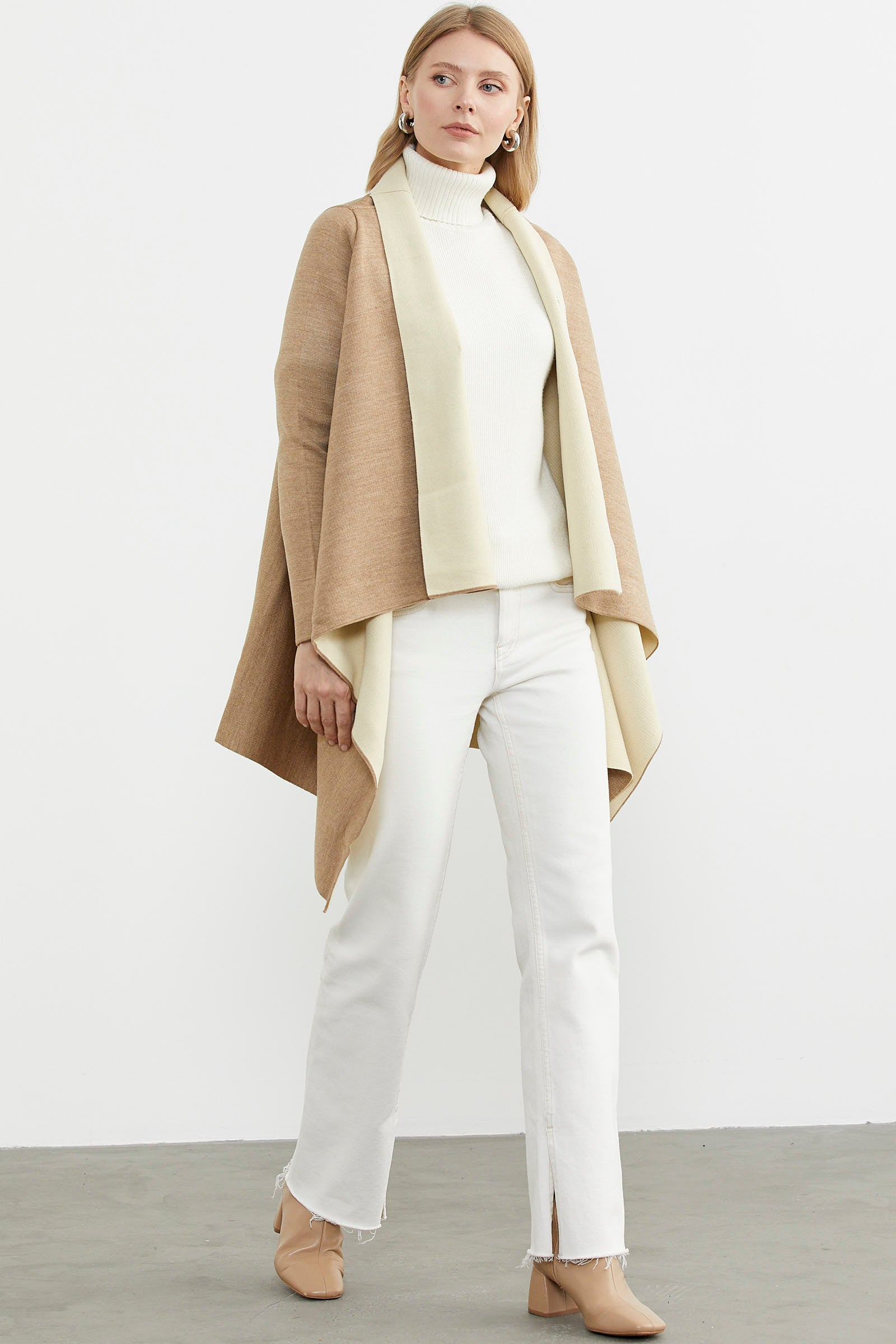 Çift Renk Uzun Triko Panço - Kum - Krem (2) Sementa