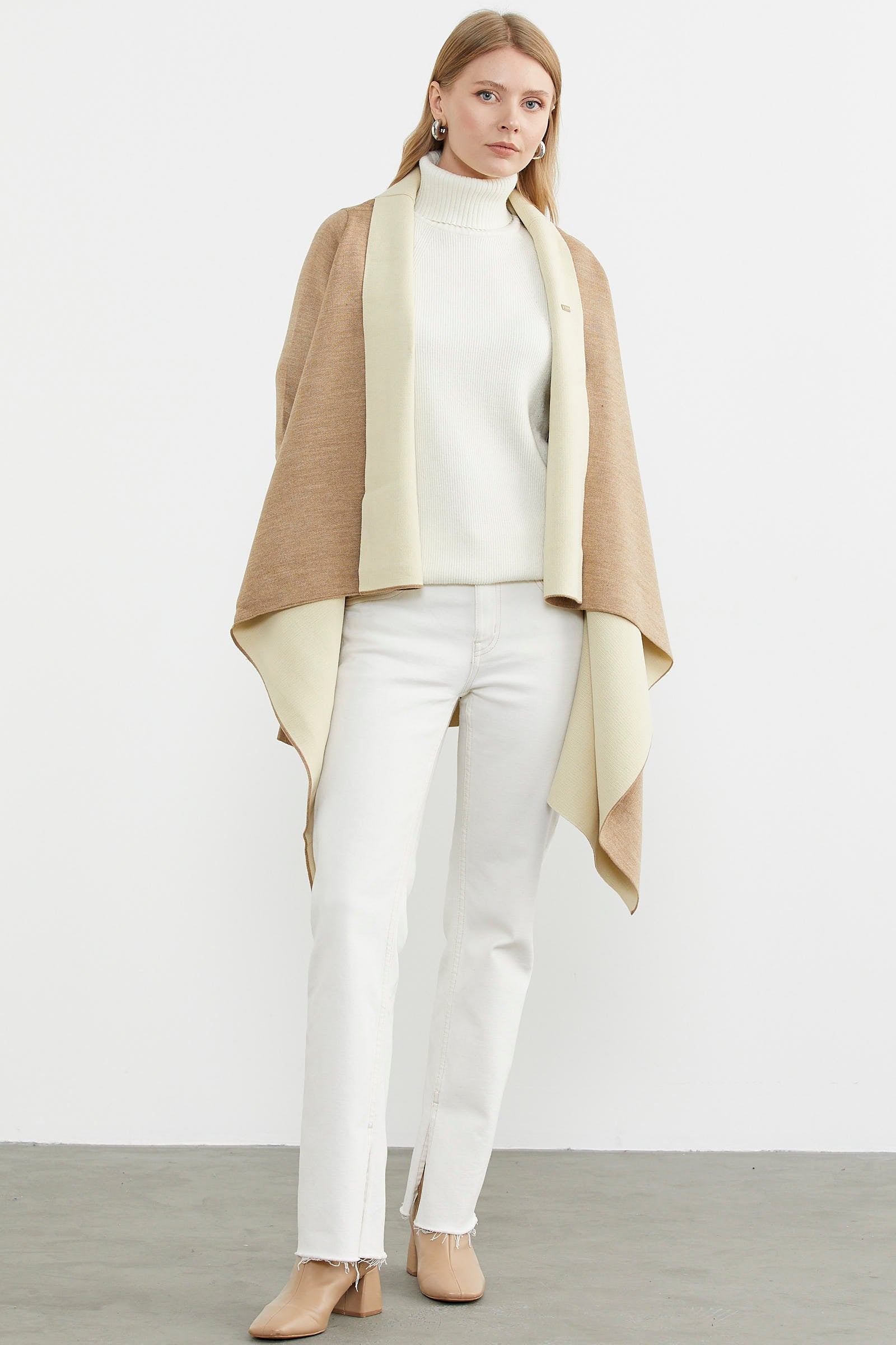 Çift Renk Uzun Triko Panço - Kum - Krem (3) Sementa