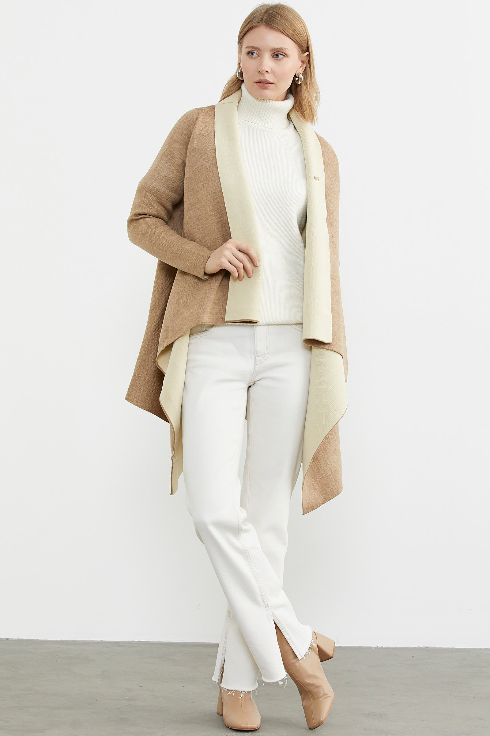 Çift Renk Uzun Triko Panço - Kum - Krem (4) Sementa