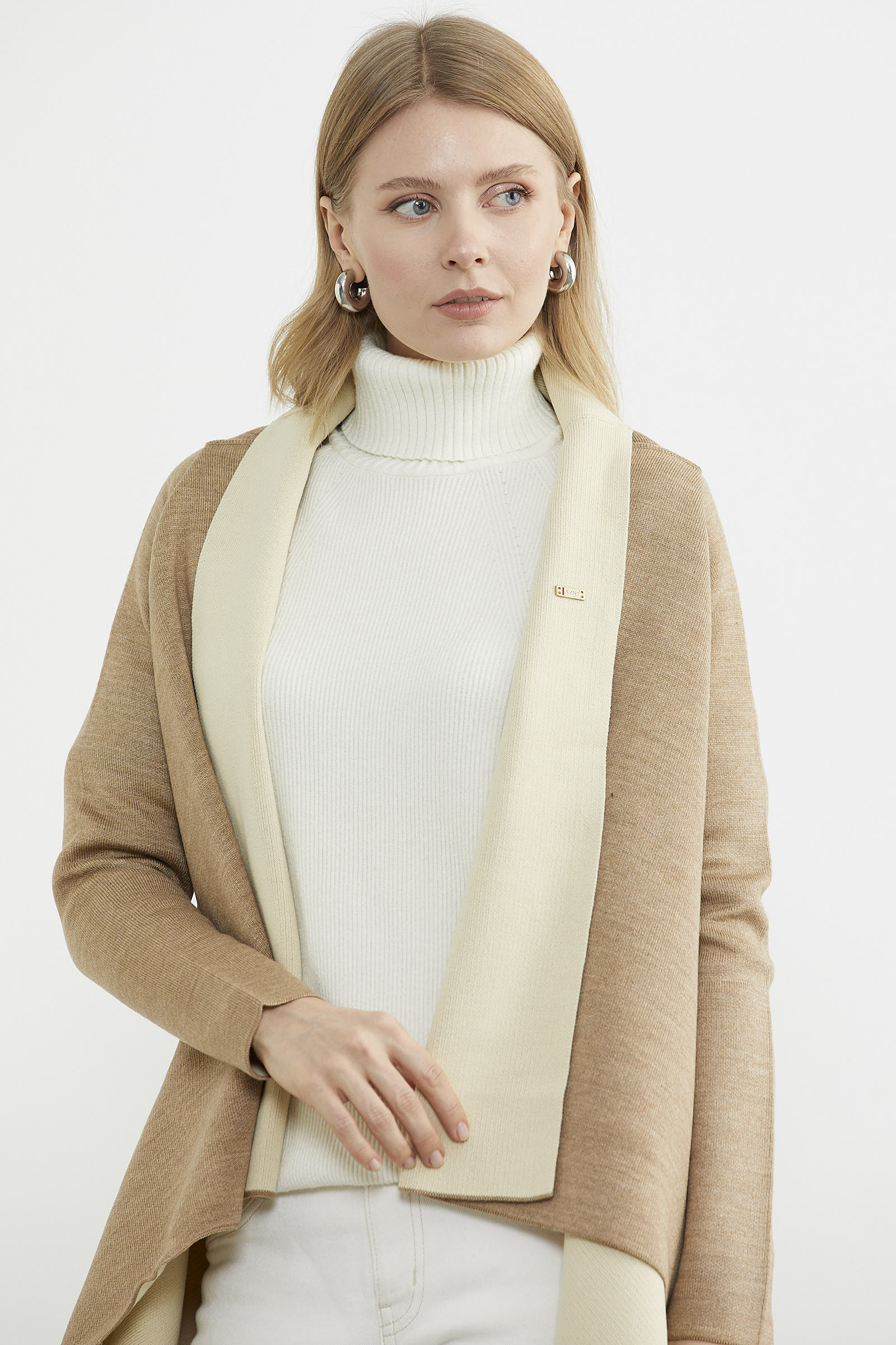 Çift Renk Uzun Triko Panço - Kum - Krem (5) Sementa