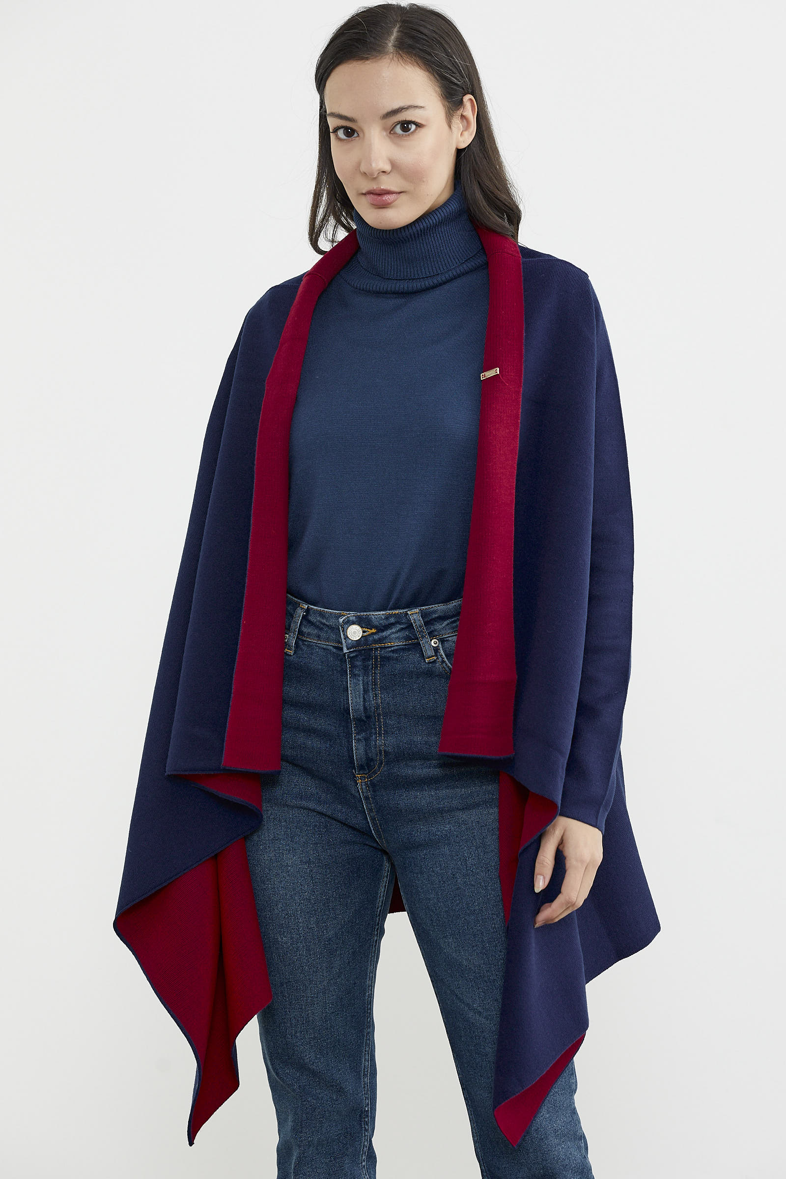 Çift Renk Uzun Triko Panço - Lacivert - Kırmızı (1) Sementa