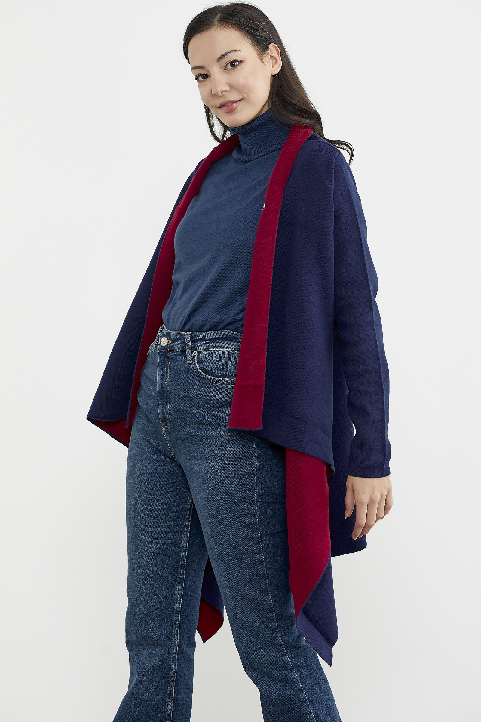 Çift Renk Uzun Triko Panço - Lacivert - Kırmızı (2) Sementa