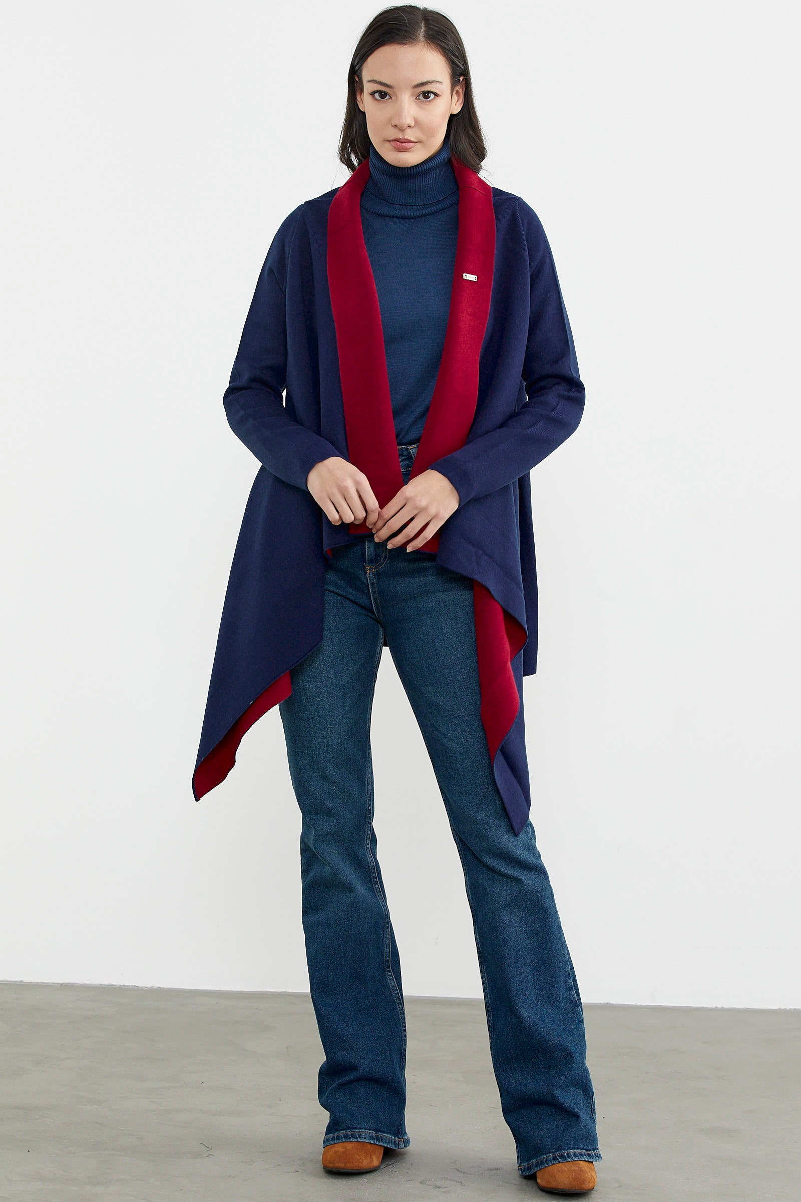 Çift Renk Uzun Triko Panço - Lacivert - Kırmızı (4) Sementa