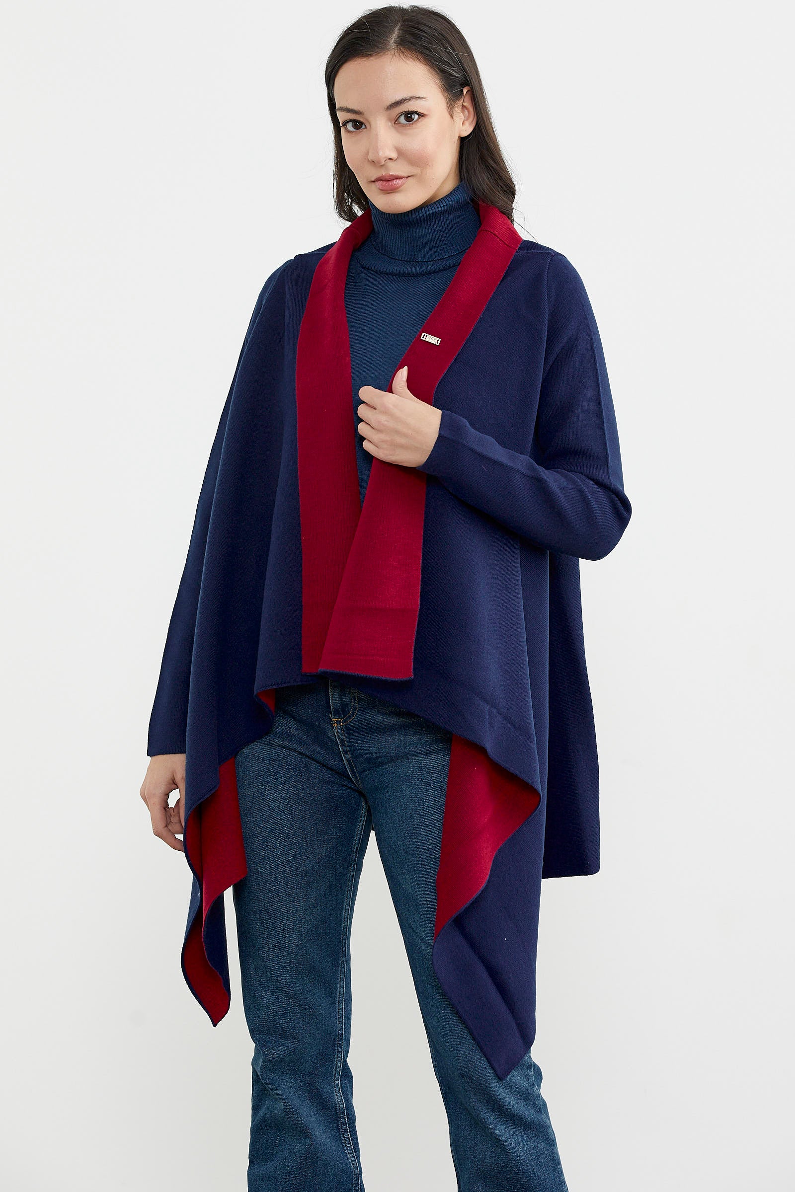 Çift Renk Uzun Triko Panço - Lacivert - Kırmızı (5) Sementa