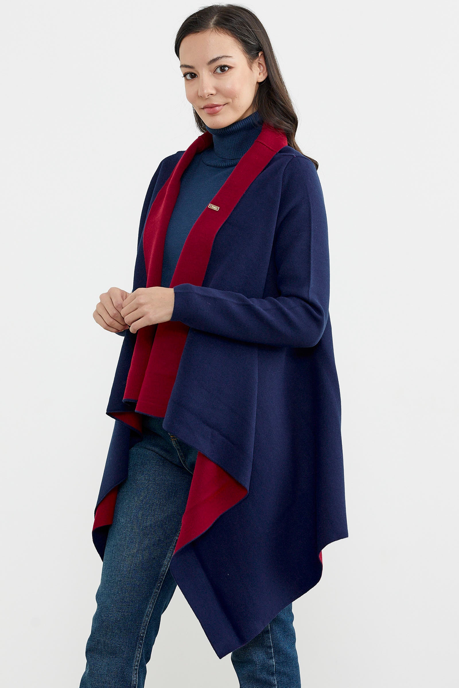 Çift Renk Uzun Triko Panço - Lacivert - Kırmızı (6) Sementa