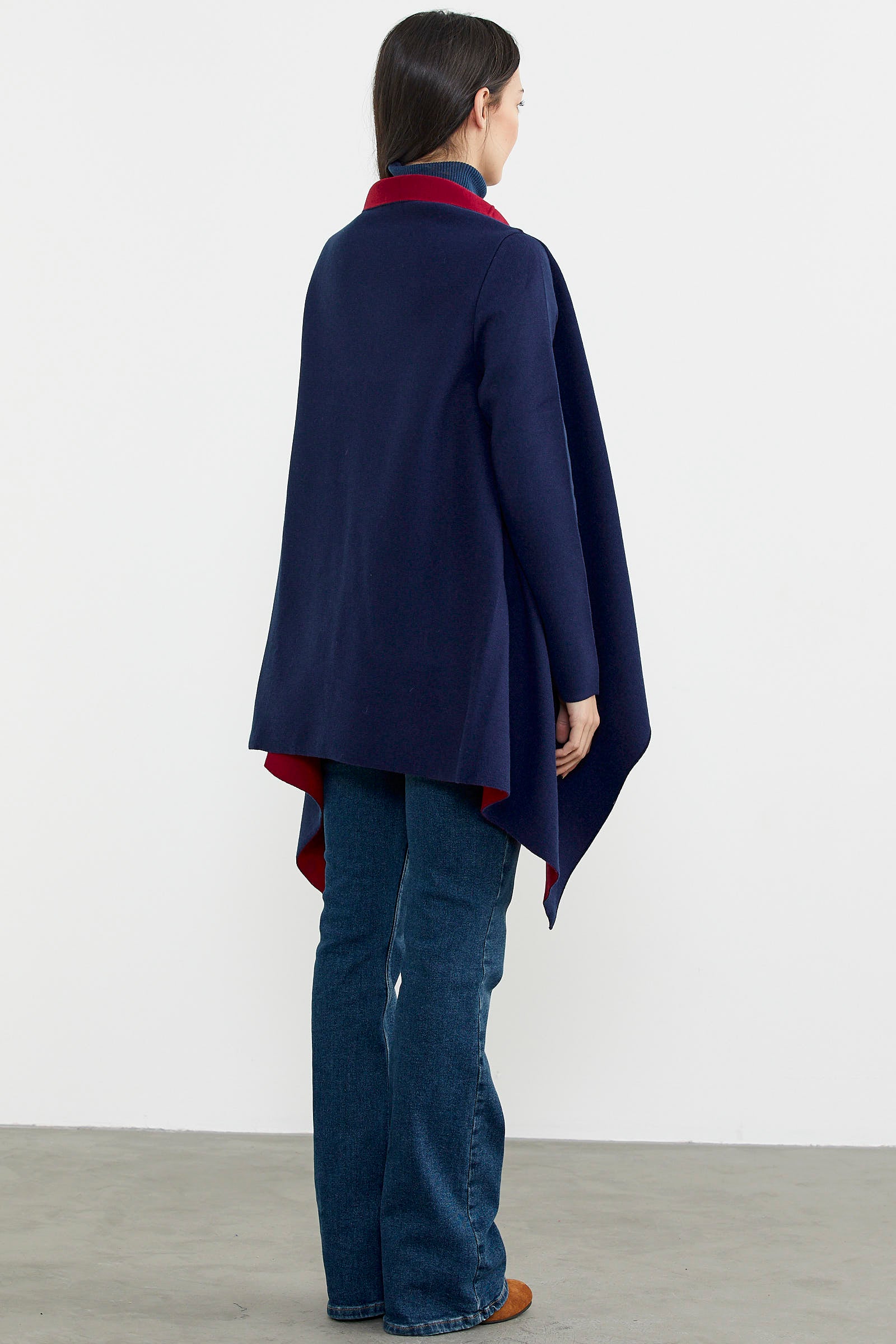 Çift Renk Uzun Triko Panço - Lacivert - Kırmızı (8) Sementa