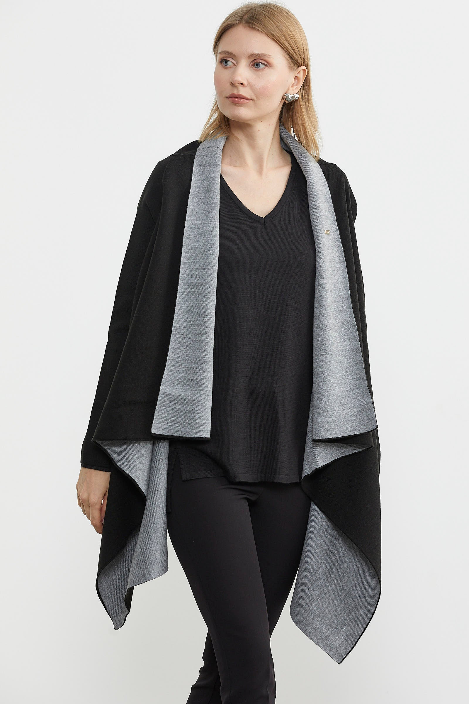 Çift Renk Uzun Triko Panço - Siyah - Gri (3) Sementa