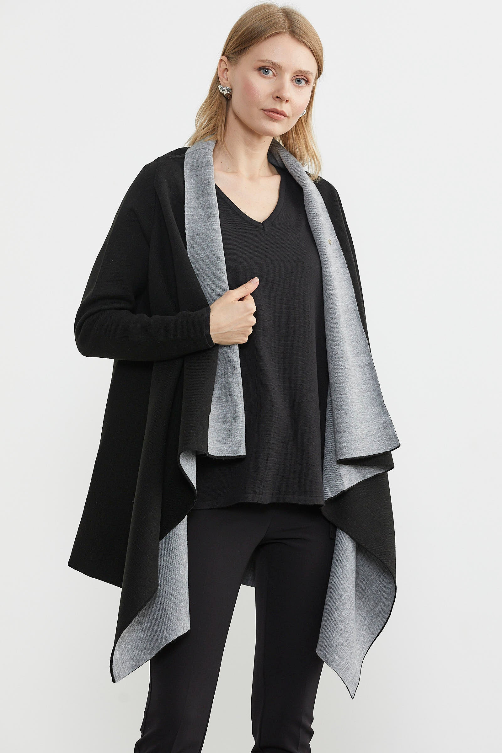 Çift Renk Uzun Triko Panço - Siyah - Gri (4) Sementa