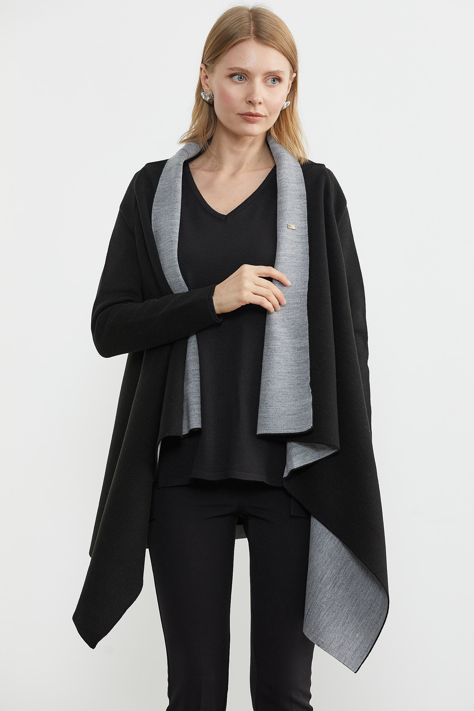 Çift Renk Uzun Triko Panço - Siyah - Gri (5) Sementa