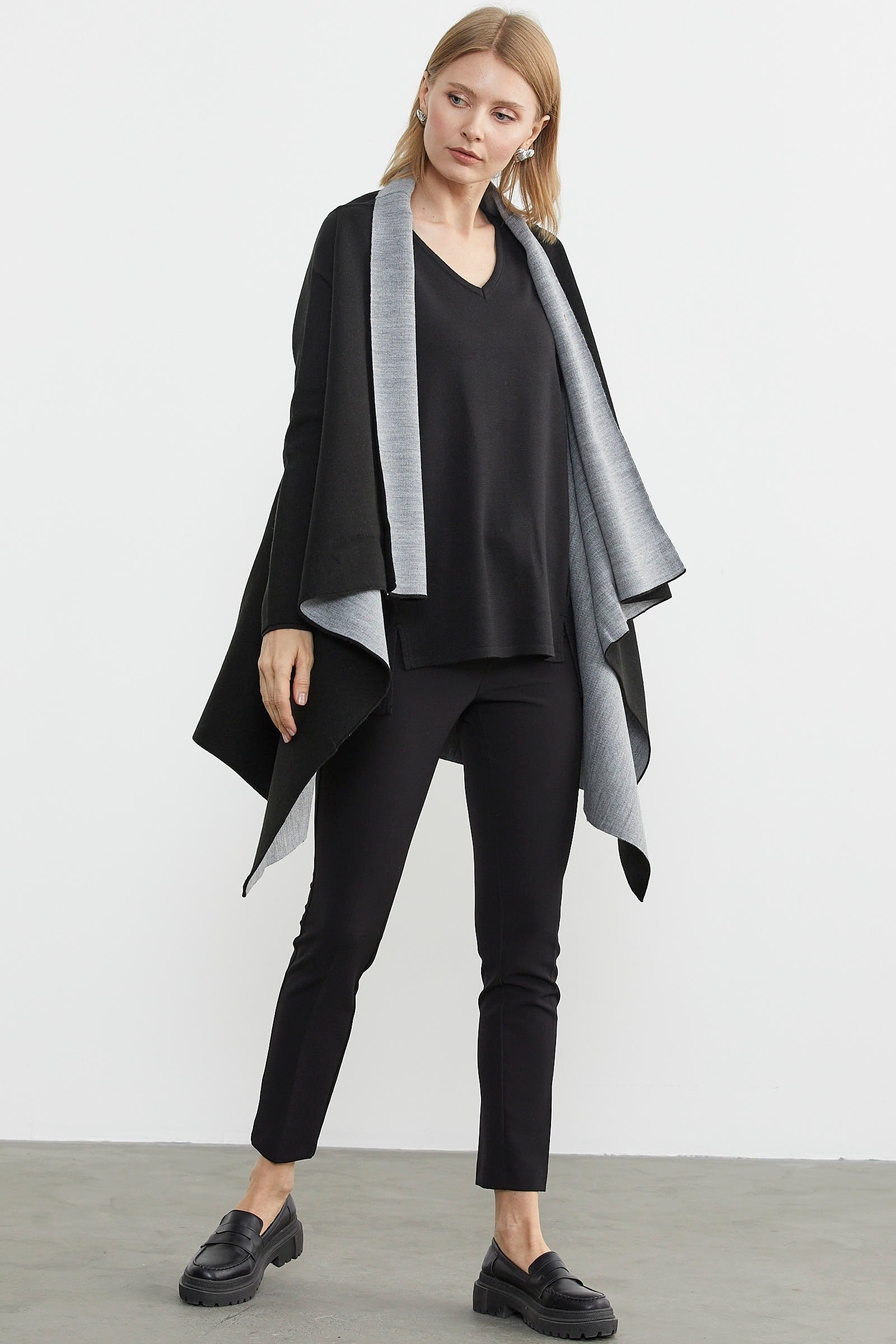 Çift Renk Uzun Triko Panço - Siyah - Gri (6) Sementa