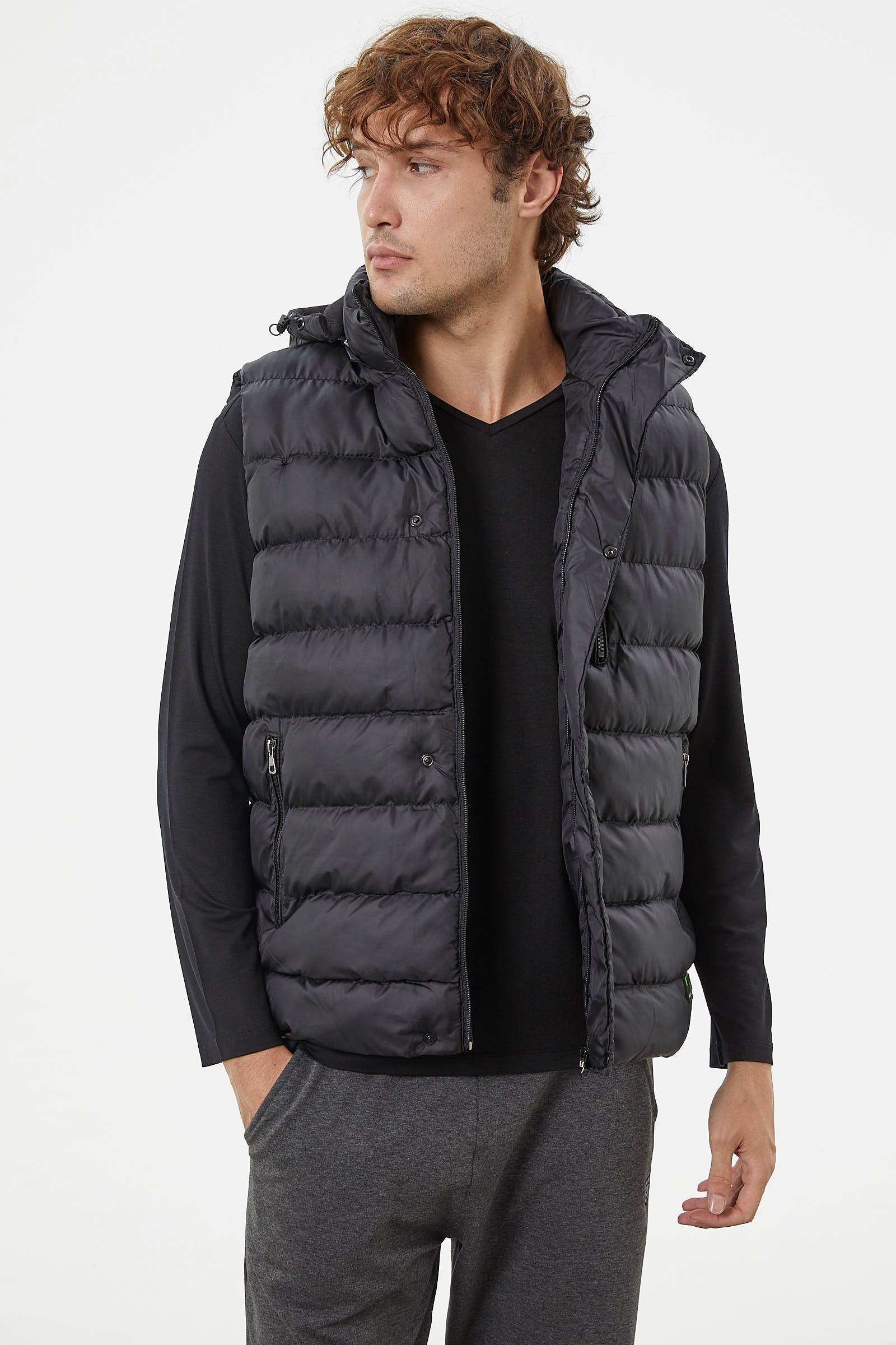 Çıkma Kapüşonlu Fermuarlı Şişme Yelek - Siyah (2) Sementa