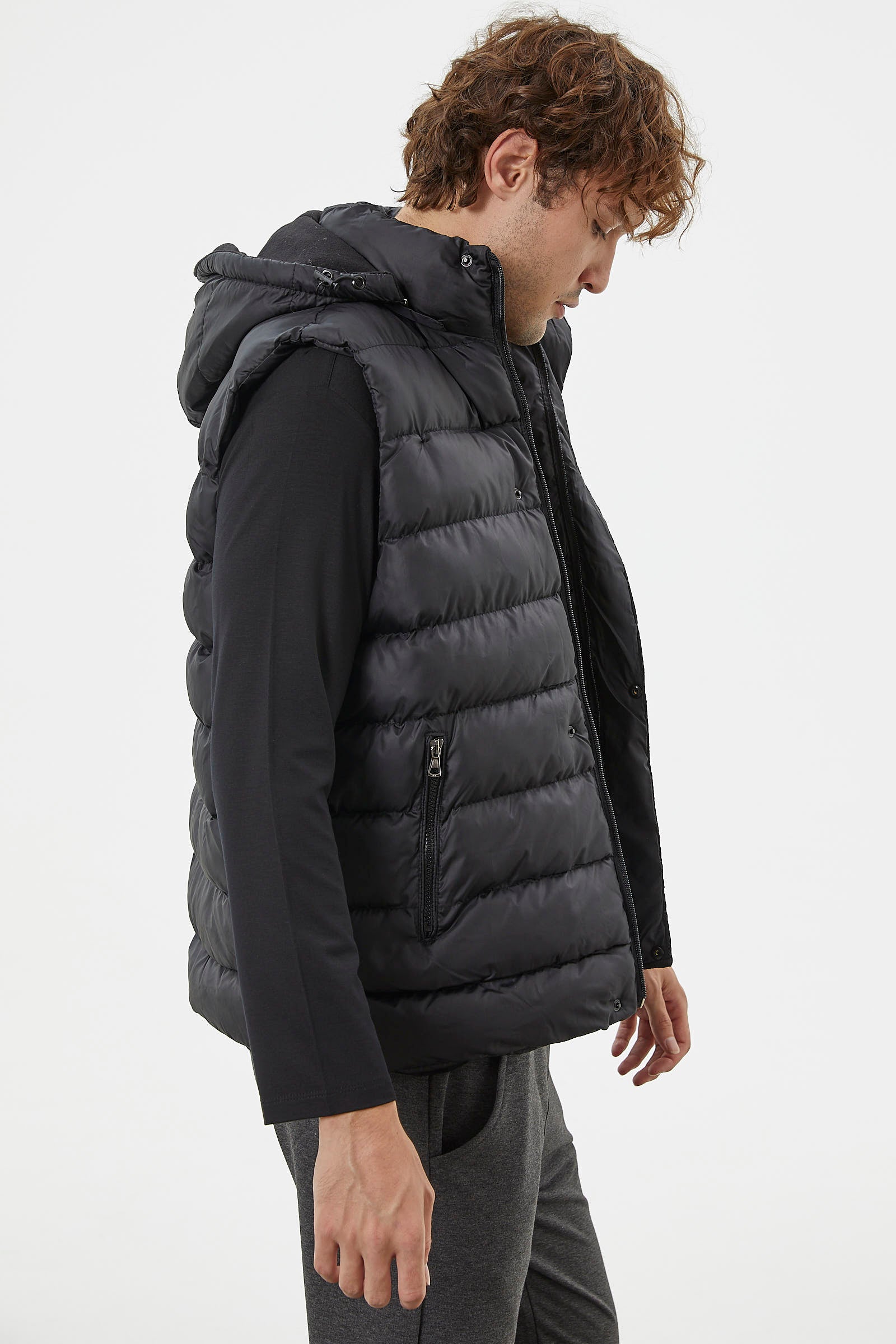 Çıkma Kapüşonlu Fermuarlı Şişme Yelek - Siyah (6) Sementa